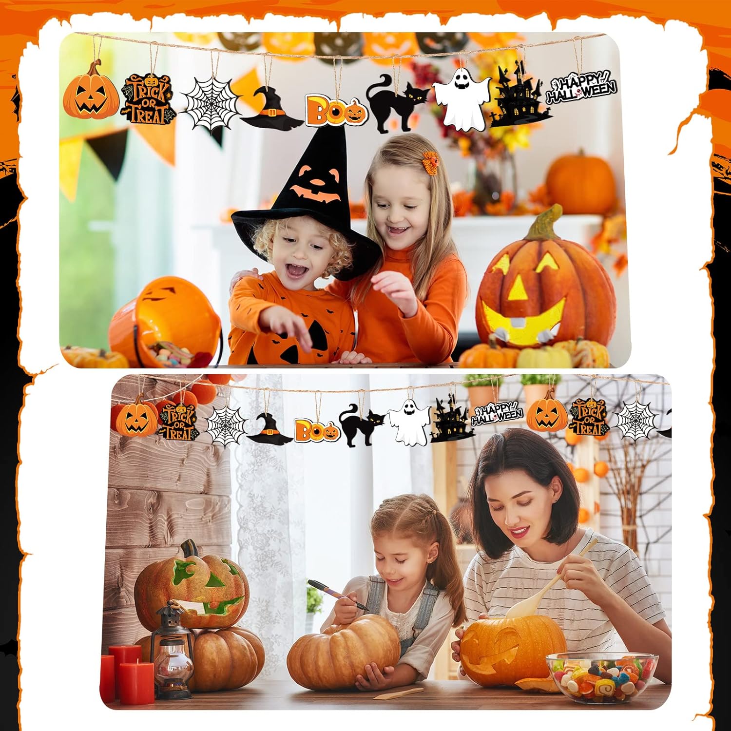 36 adornos colgantes de árbol de Halloween, adornos colgantes de madera, recortes de Halloween con cuerdas, etiqueta colgante de calabaza, fantasma,