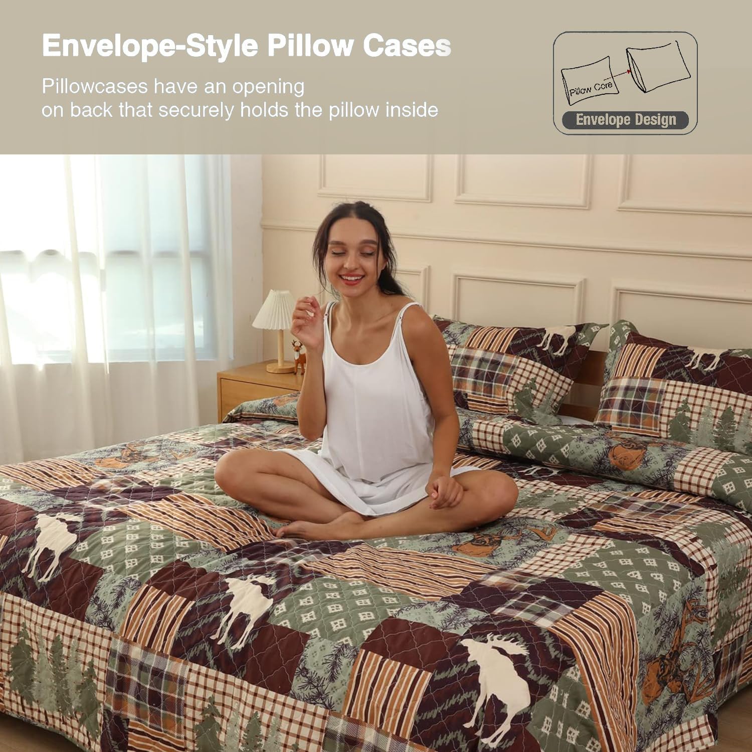 Hailea Juego de ropa de cama de tamaño Queen, colcha rústica de cabaña con alce y oso, colcha de cabaña con funda, suave y ligera, para todas las