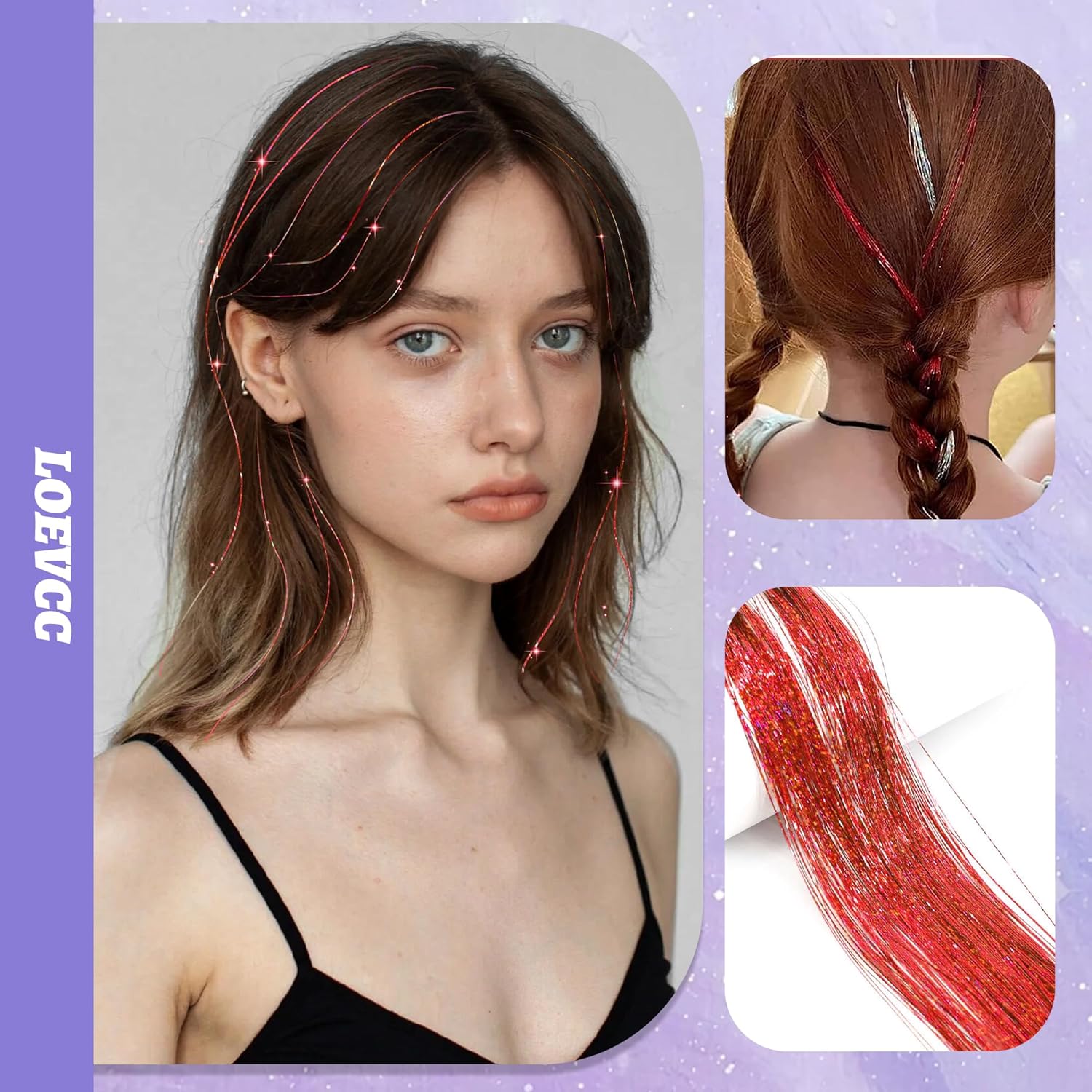 Kit de oropel con clip, 6 extensiones de cabello de oropel con clip, resistentes al calor de hadas con purpurina, accesorios para el cabello
