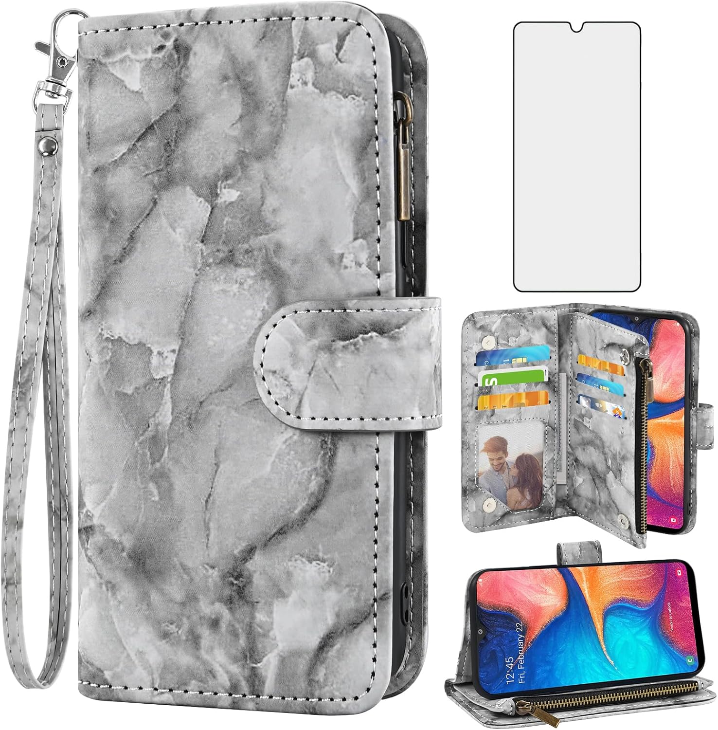 Asuwish Funda de teléfono para Samsung Galaxy A20 A30 con protector de pantalla de vidrio templado y soporte de ranura de cuero de mármol con ranura