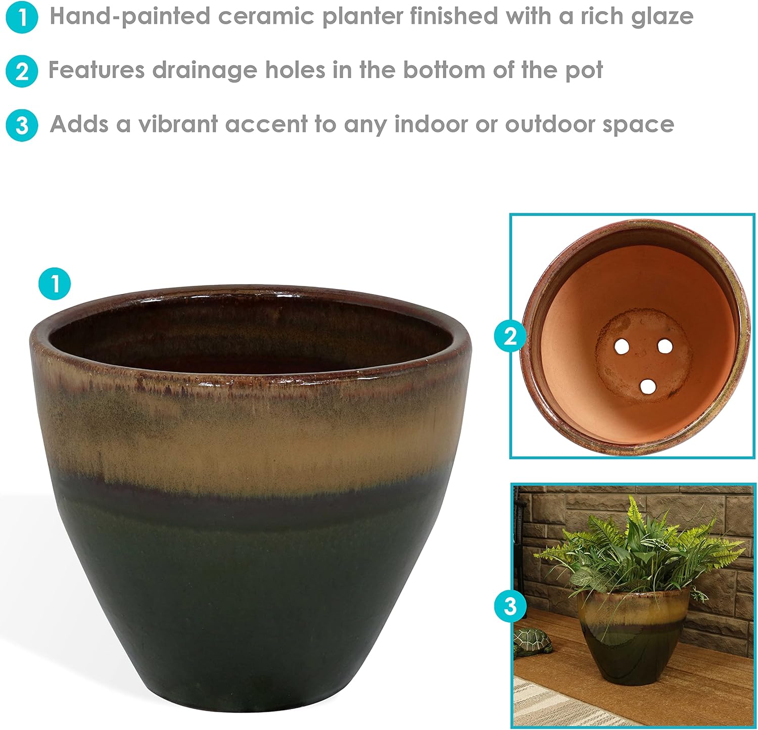 Sunnydaze Resort – Maceta de cerámica para interiores y exteriores, resistente a los rayos UV y a las heladas, acabado esmaltado verde lago bosque,