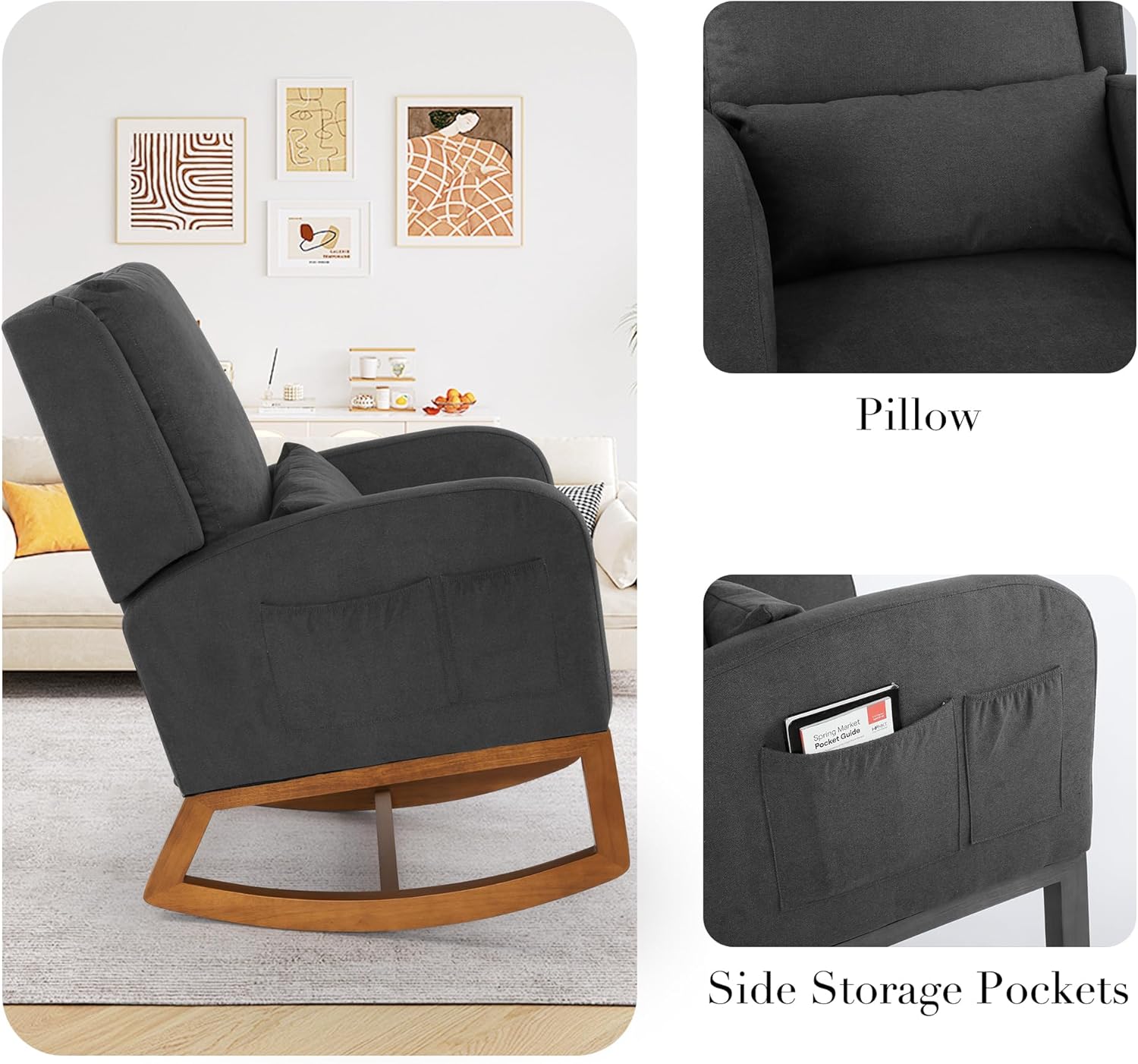 LSSBOUGHT Mecedora para guardería, acogedora silla reclinable con respaldo alto con almohada y patas de madera para sala de estar, dormitorio,