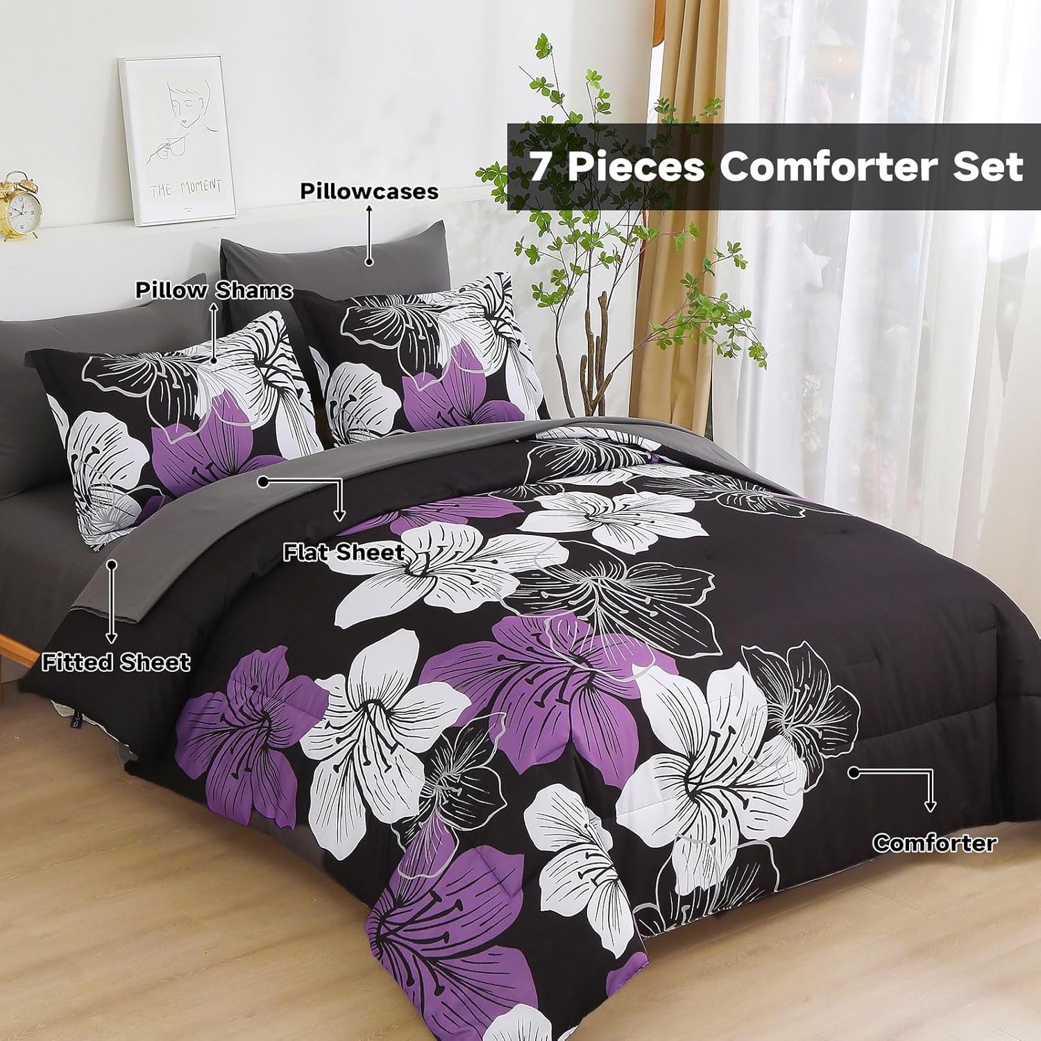 Luxudecor Juego de edredón floral tamaño King, 7 piezas de cama en una bolsa, juego de edredón floral morado y sábanas, juegos de cama completos de