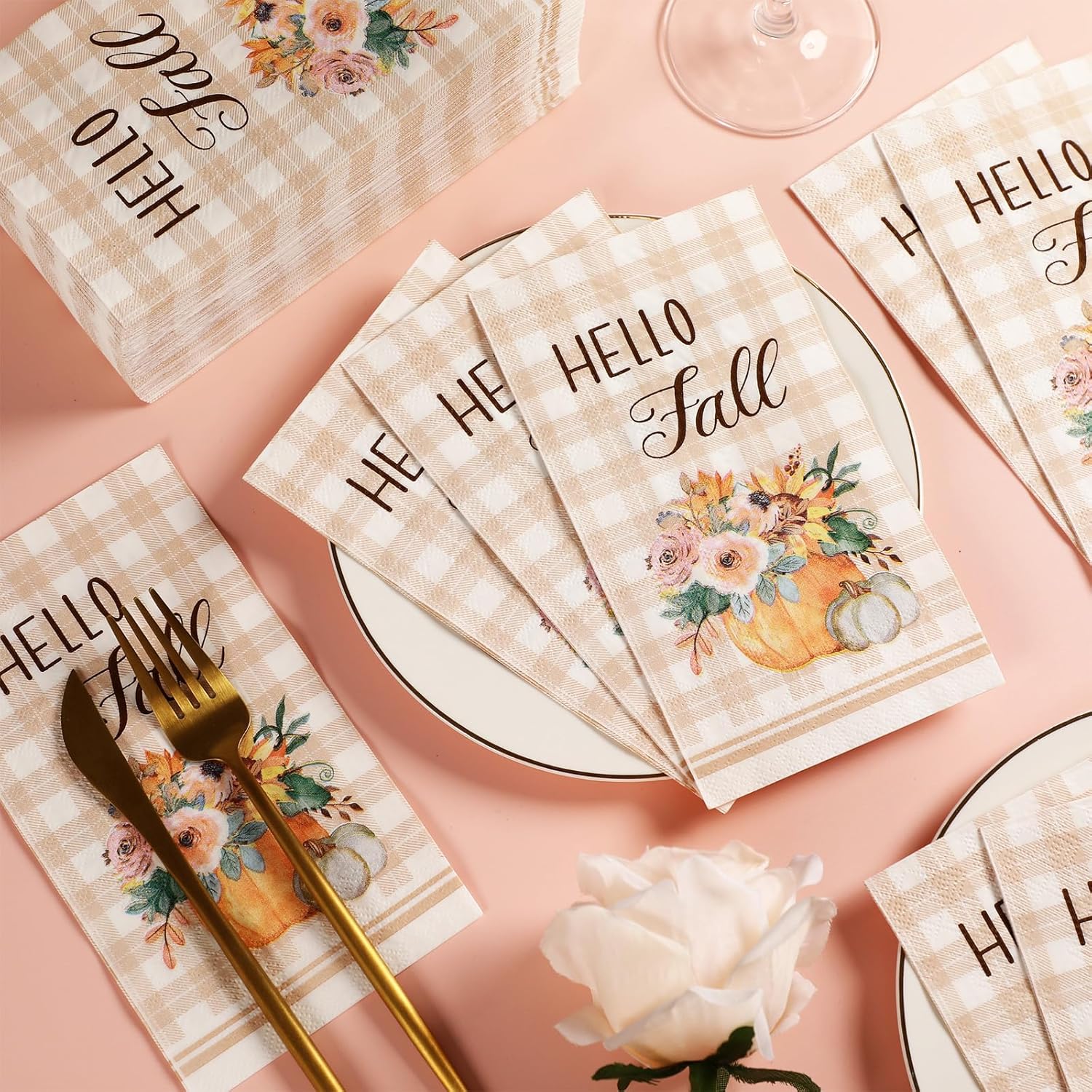 Paquete de 100 servilletas de papel de otoño para baño, diseño de calabaza con texto en inglés Hello Fall, desechables, toallas para invitados,
