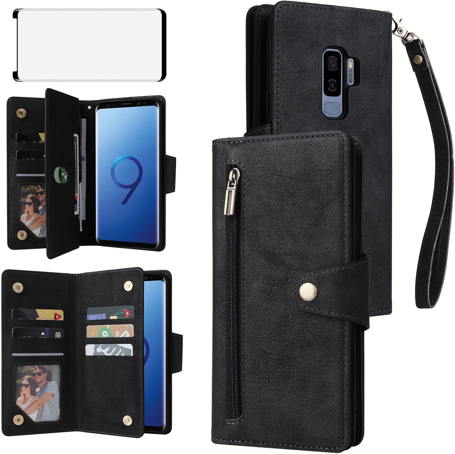 Asuwish Funda de teléfono para Samsung Galaxy S9 Plus Funda tipo cartera y protector de pantalla de vidrio templado, soporte de cuero con tapa para