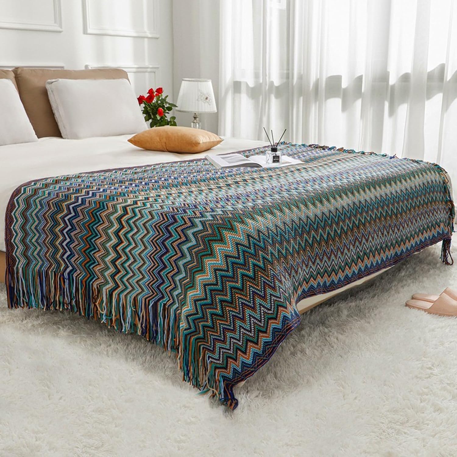 Manta bohemia de punto con borlas, para exteriores, reversible, suave, acogedora, ligera, para sofá o cama, para todas las estaciones, color azul,