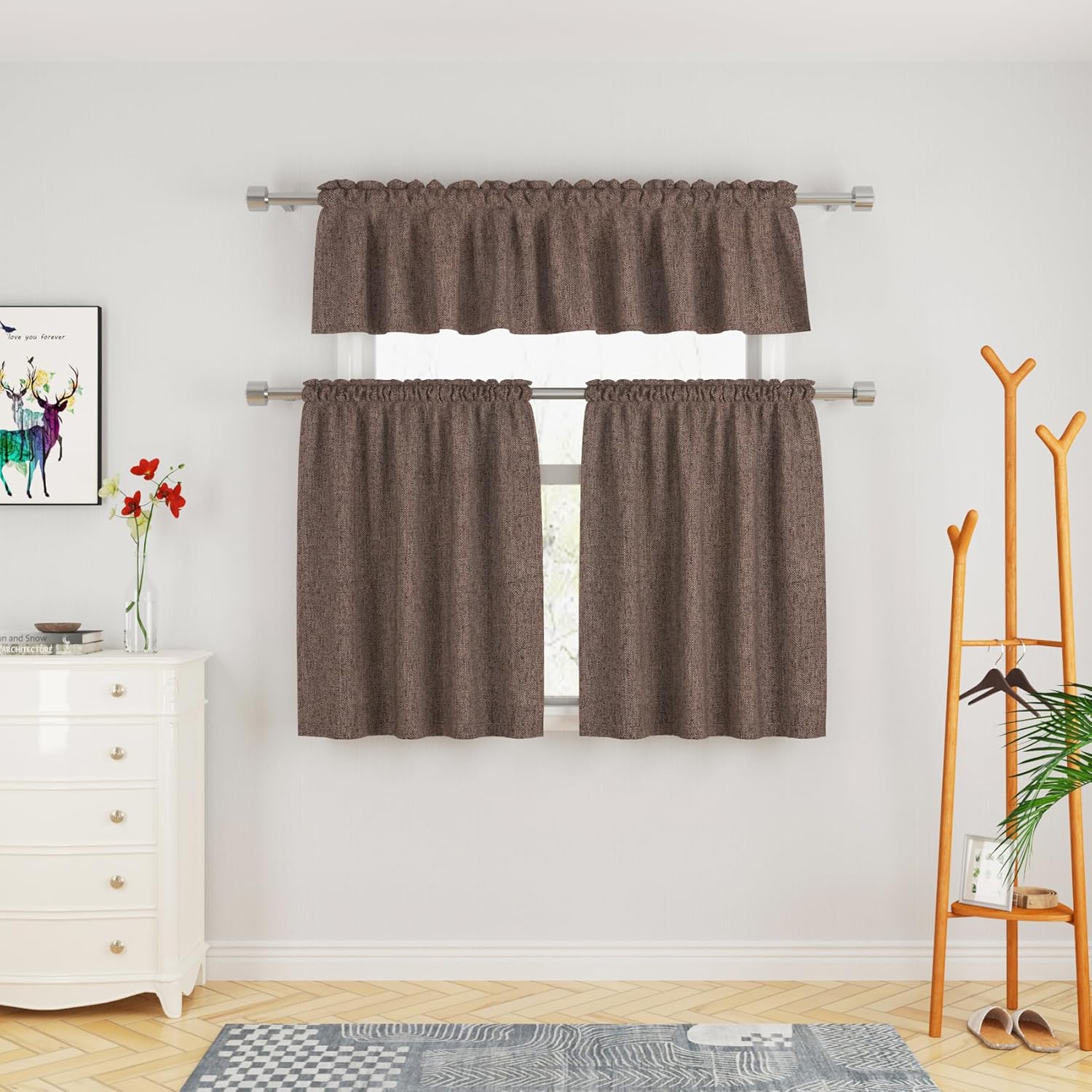 Juego de 3 cortinas y cenefa marrón para ventana de cocina, cortinas para ventana de cocina sobre el fregadero, cortina de baño pequeña con textura