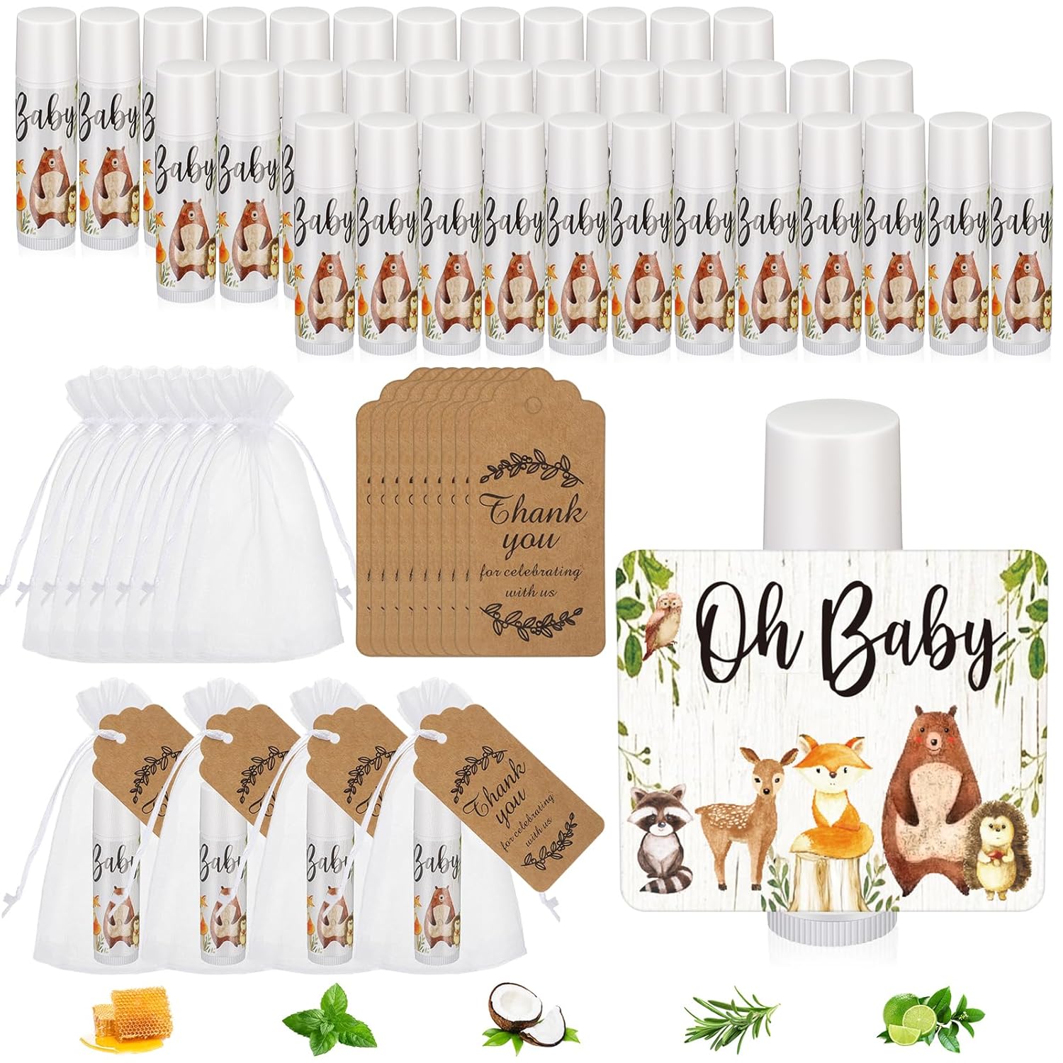 Fumete Paquete de 50 bálsamos labiales a granel de animales del bosque, regalos de fiesta de baby shower, regalos para invitados, niños y niñas,