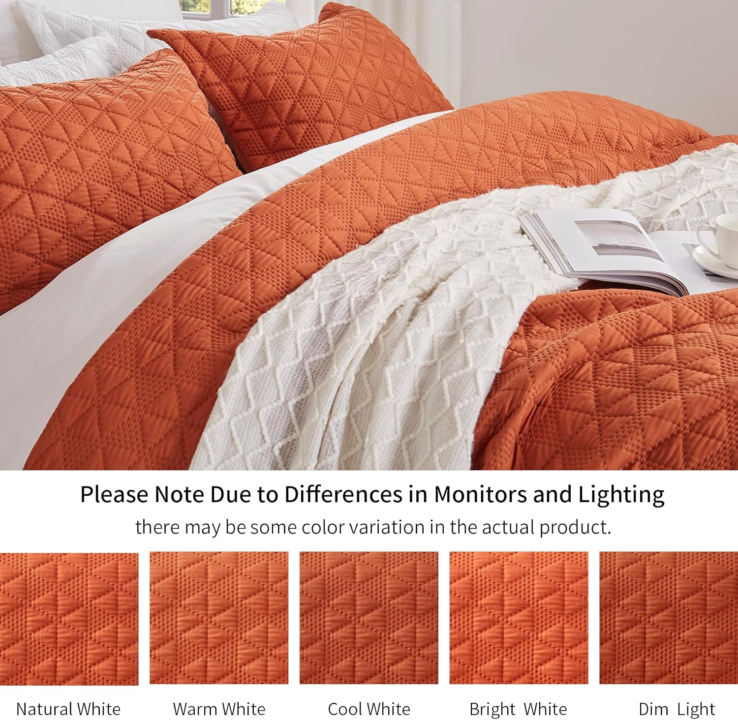 Juego de ropa de cama de 3 piezas de color naranja quemado, colcha ligera de verano, 90 x 98 pulgadas, lujosa colcha de microfibra ultrasónica 3D
