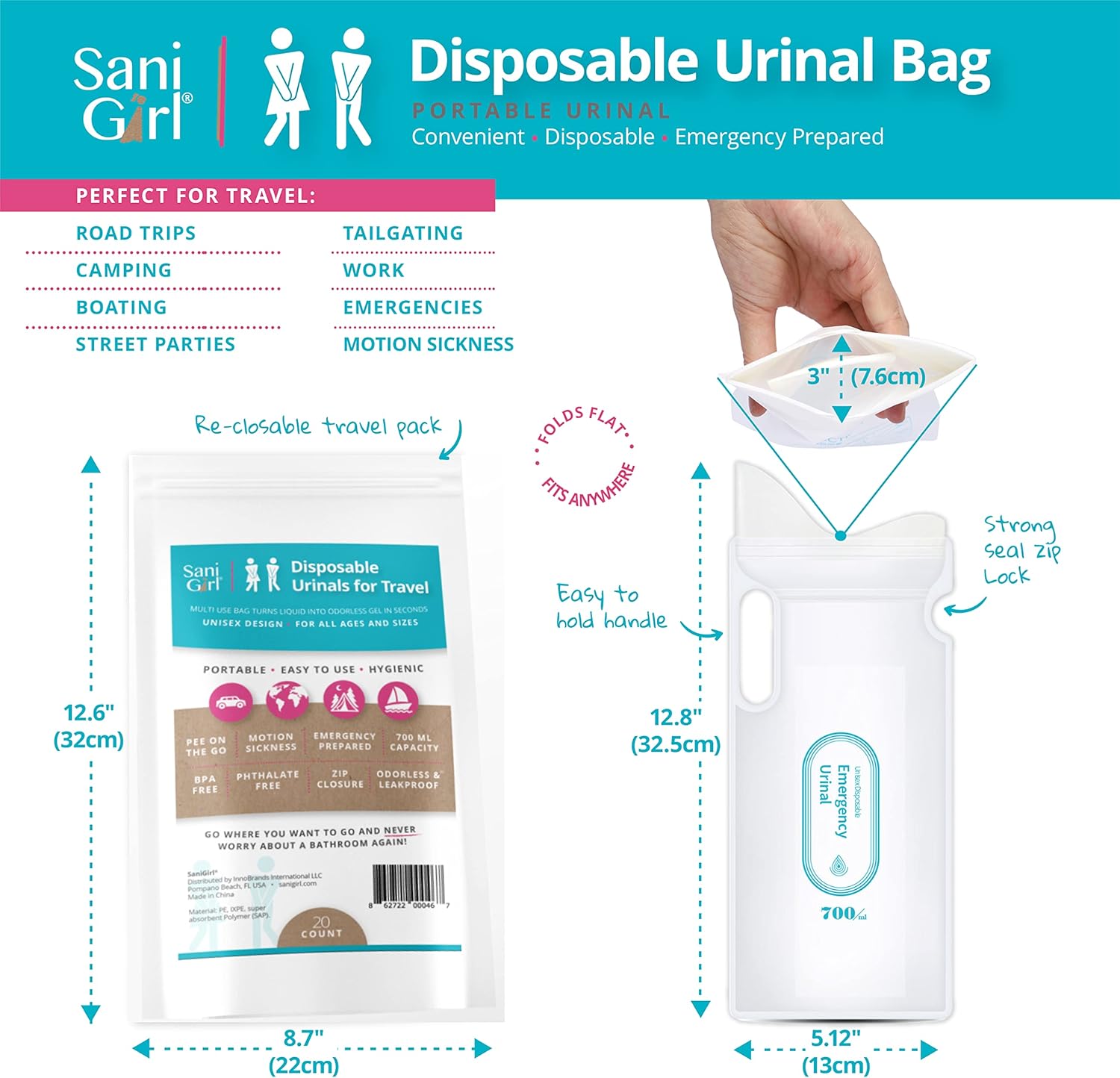 SaniGirl Urinario femenino  Bolsas desechables para orinar para viajes para mujeres, hombres, niños, urinario de emergencia, sanitario, viajes,
