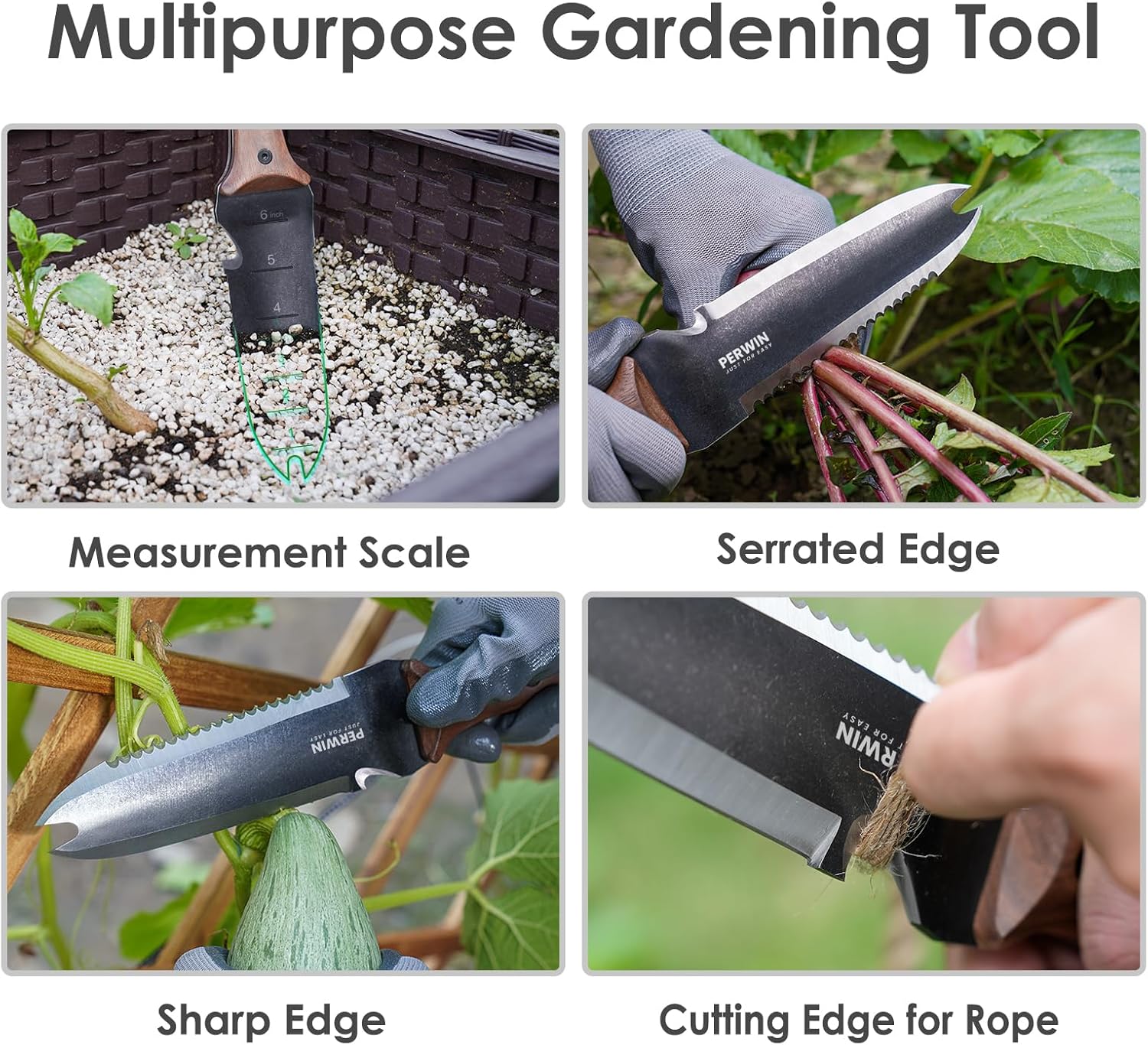 PERWIN Hori Hori – Cuchillo de jardín, herramientas de jardín con funda para desmalezar, plantar, excavar, hoja de acero inoxidable de 7 pulgadas