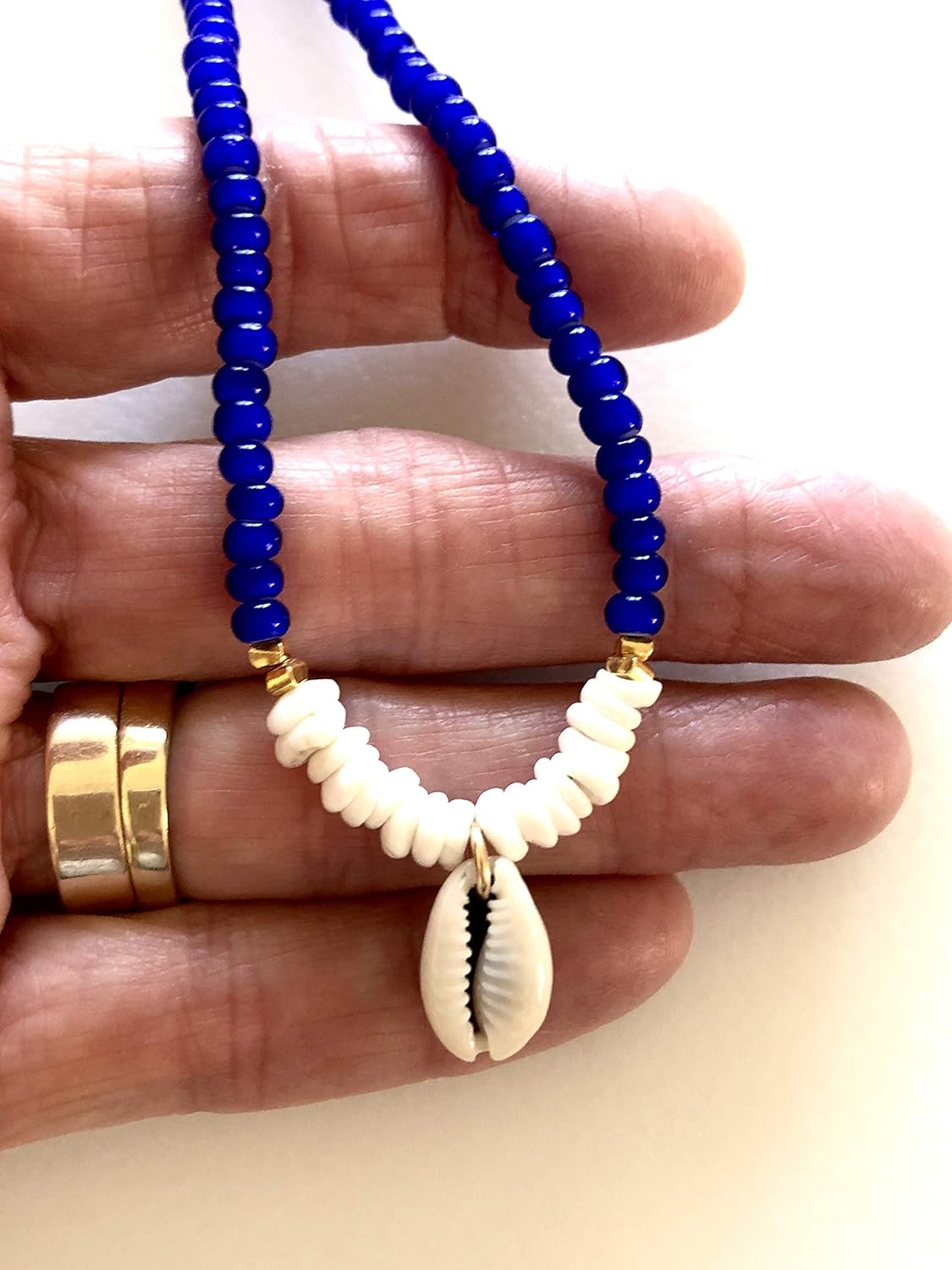 Blue and White Shell Choker, Cobalt Blue African Vintage Trade Beads, Hawaiian Puka Shells, Cowrie Shell, Beach Necklace, 24K Gold Vermeil.