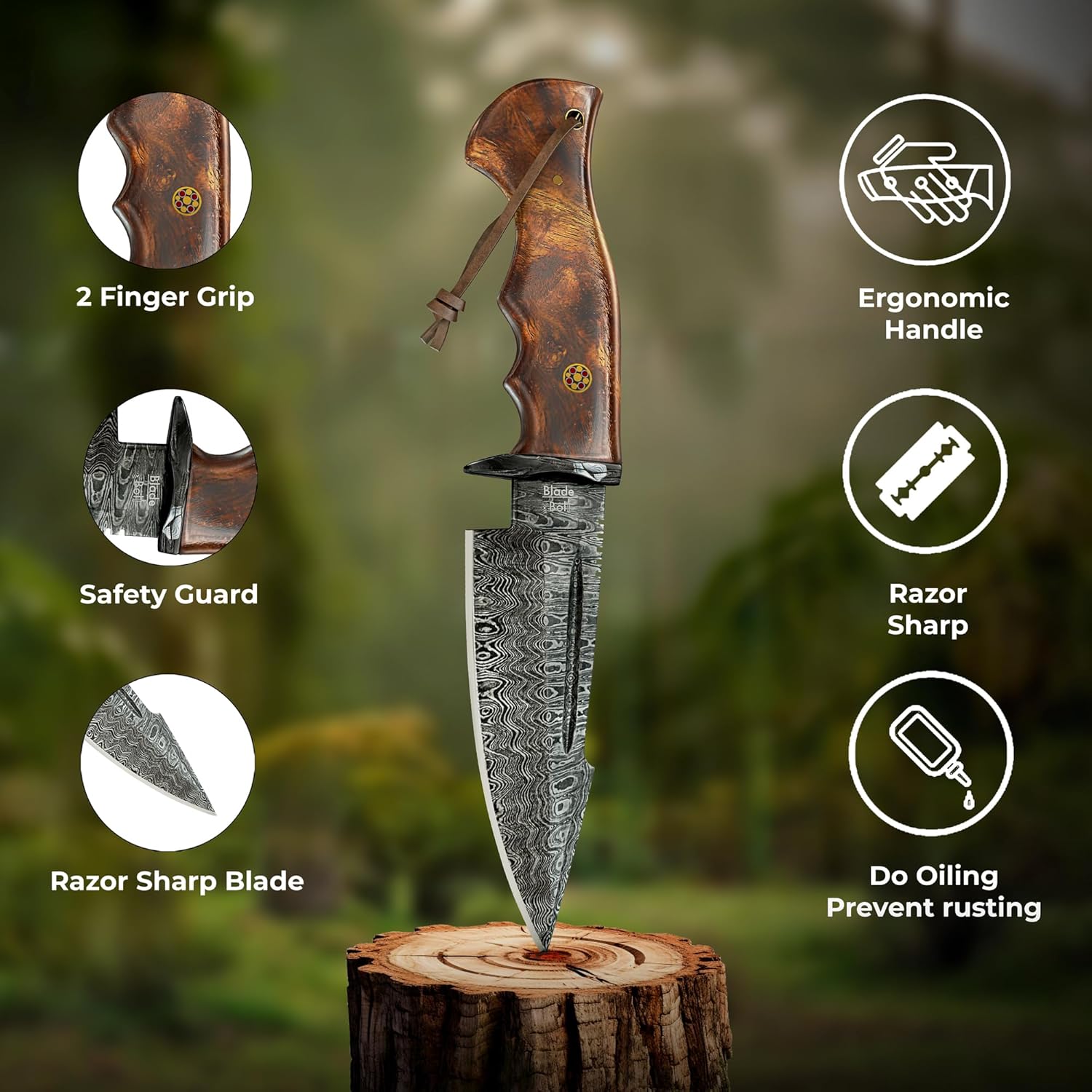 Cuchillo de caza de Damasco hecho a mano de 10 pulgadas con funda  Cuchillos de caza de hoja fija para hombres  Cuchillo EDC de hoja fija con mango