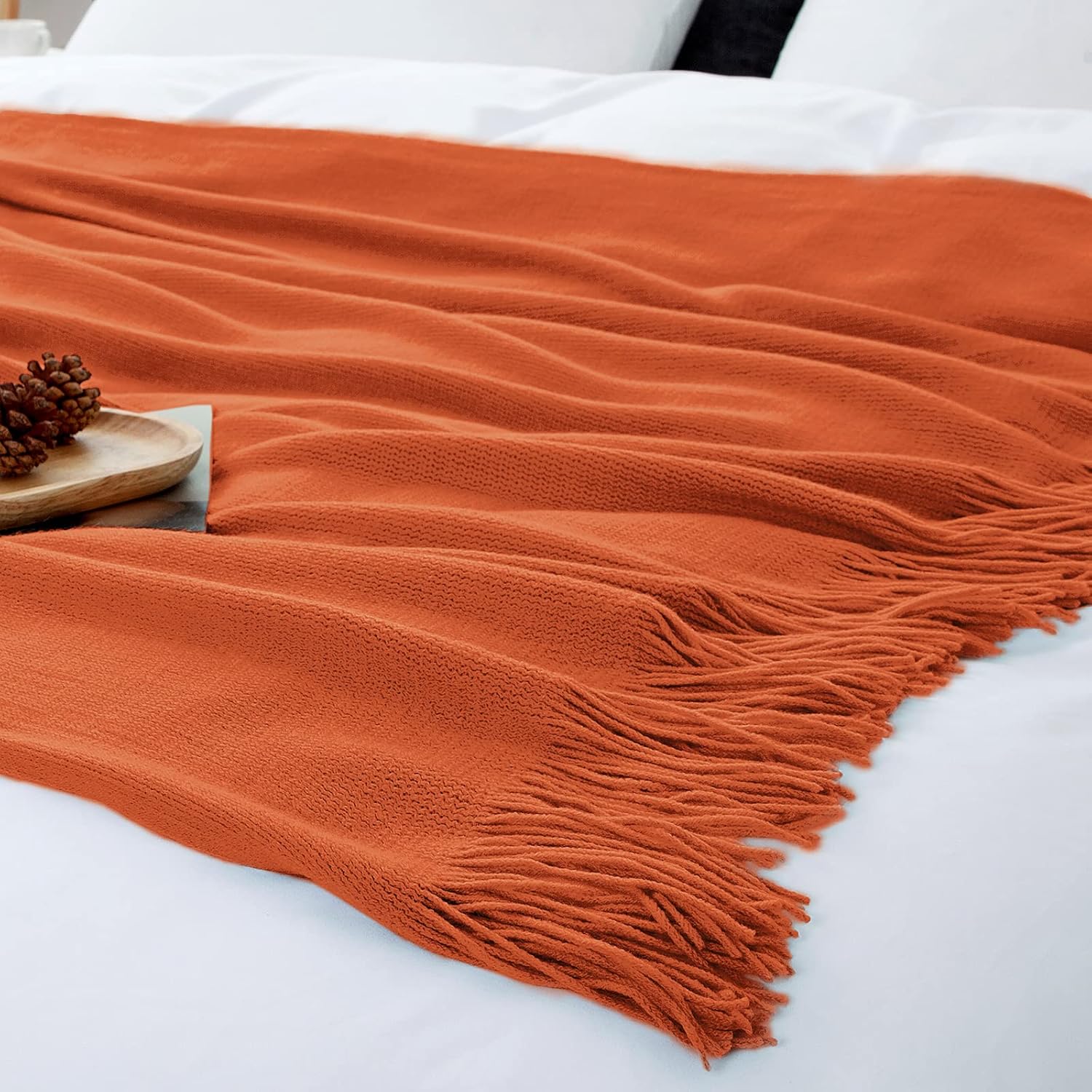 Vonty Manta de punto naranja óxido con borlas y flecos, 50 x 60 pulgadas, manta de punto súper suave, manta ligera decorativa de granja para sofá,