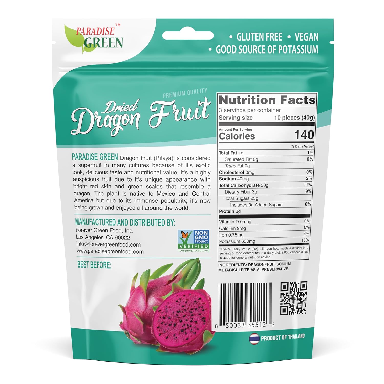 Paradise Green Fruta de dragón seca clásica, bolsa de 4.2 onzas, sin OMG, 100% orgánica, sin gluten