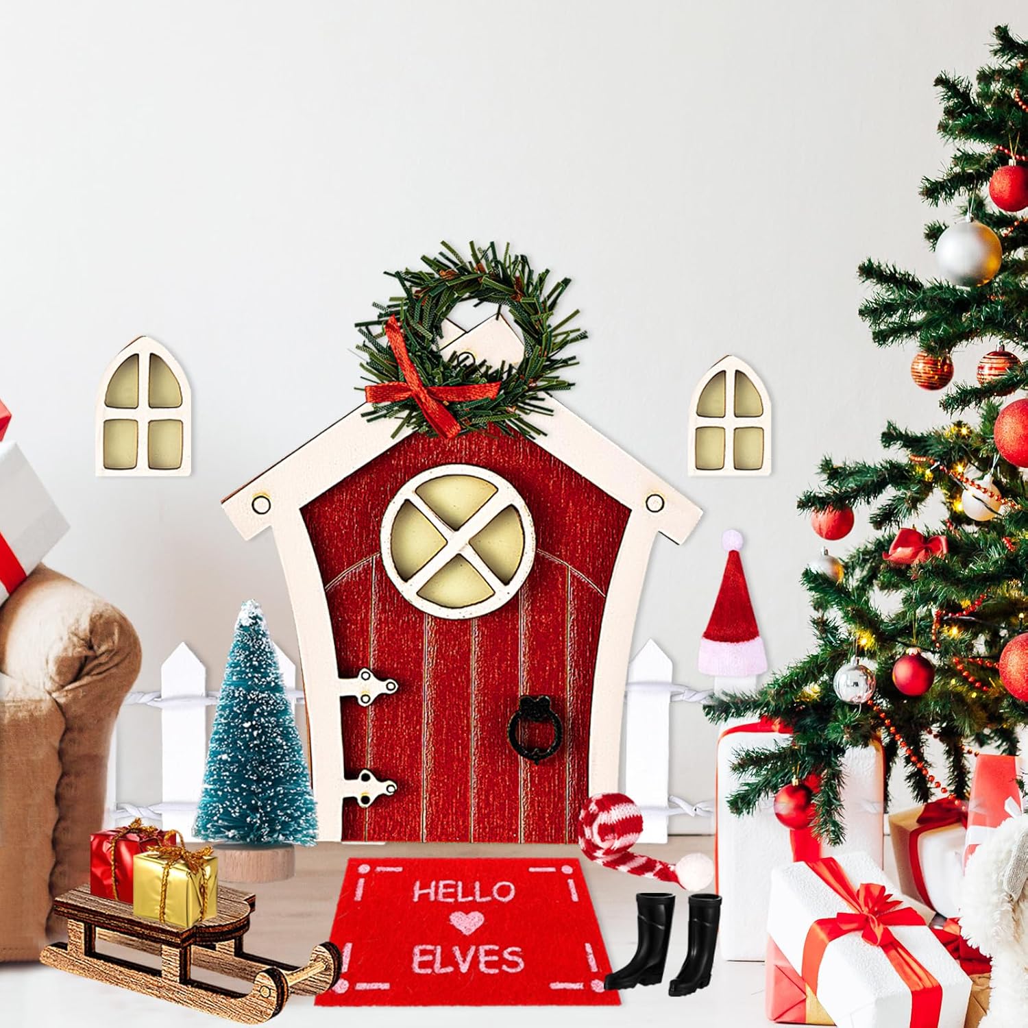 Kit de puerta de hadas de elfo de Navidad, puerta de niña de hadas roja, miniatura de madera para accesorios de Navidad, cuento de hadas,