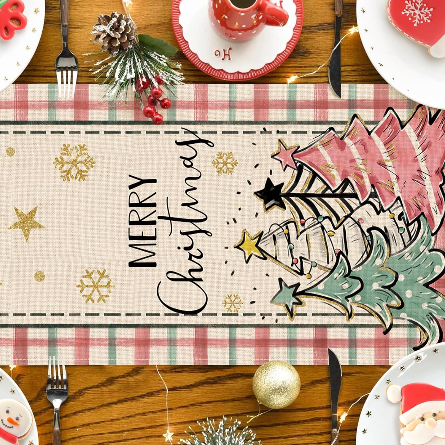 Seliem Camino de mesa de copos de nieve con árbol de pino y Navidad, diseño a cuadros rosados, decoración de mesa de comedor para cocina, decoración