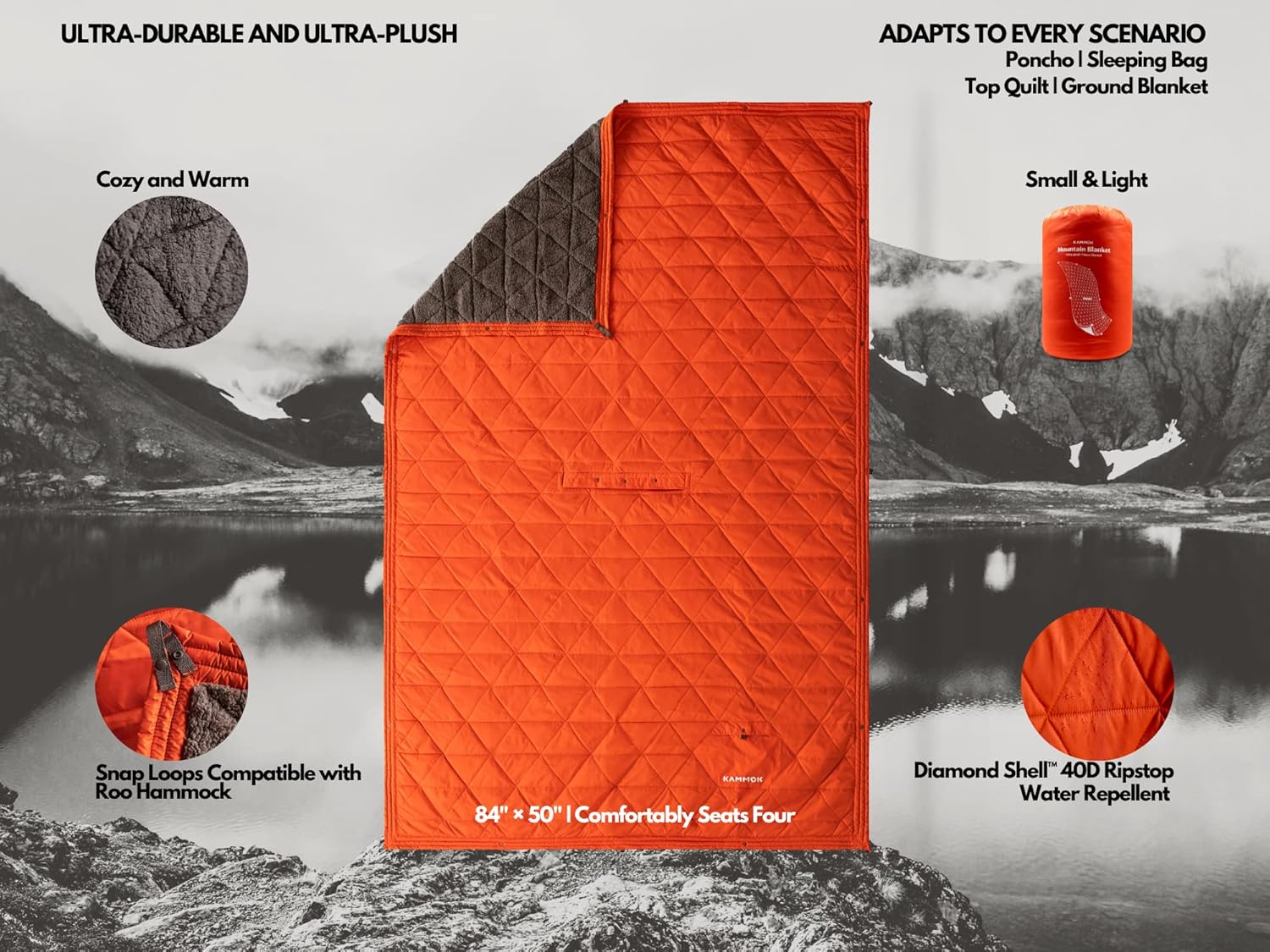 KAMMOK Manta de montaña  Forro polar ultra afelpado, resistente al agua, portátil, duradera, para interiores y exteriores (84 x 50 pulgadas), color