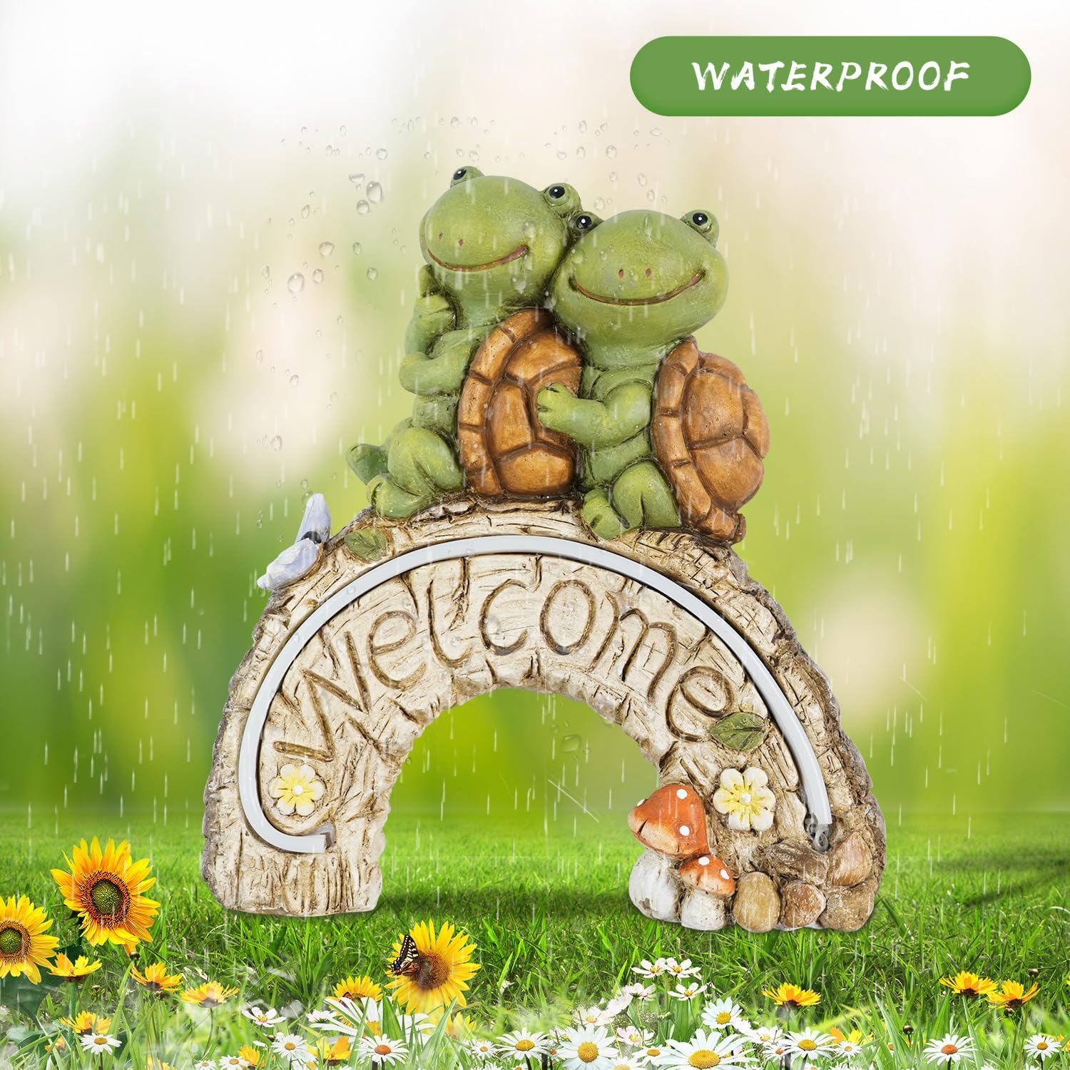 Estatuas de jardín con luz solar, adorable tortuga de 14 pulgadas con luz de bienvenida y tira, decoración de jardín al aire libre para patio,