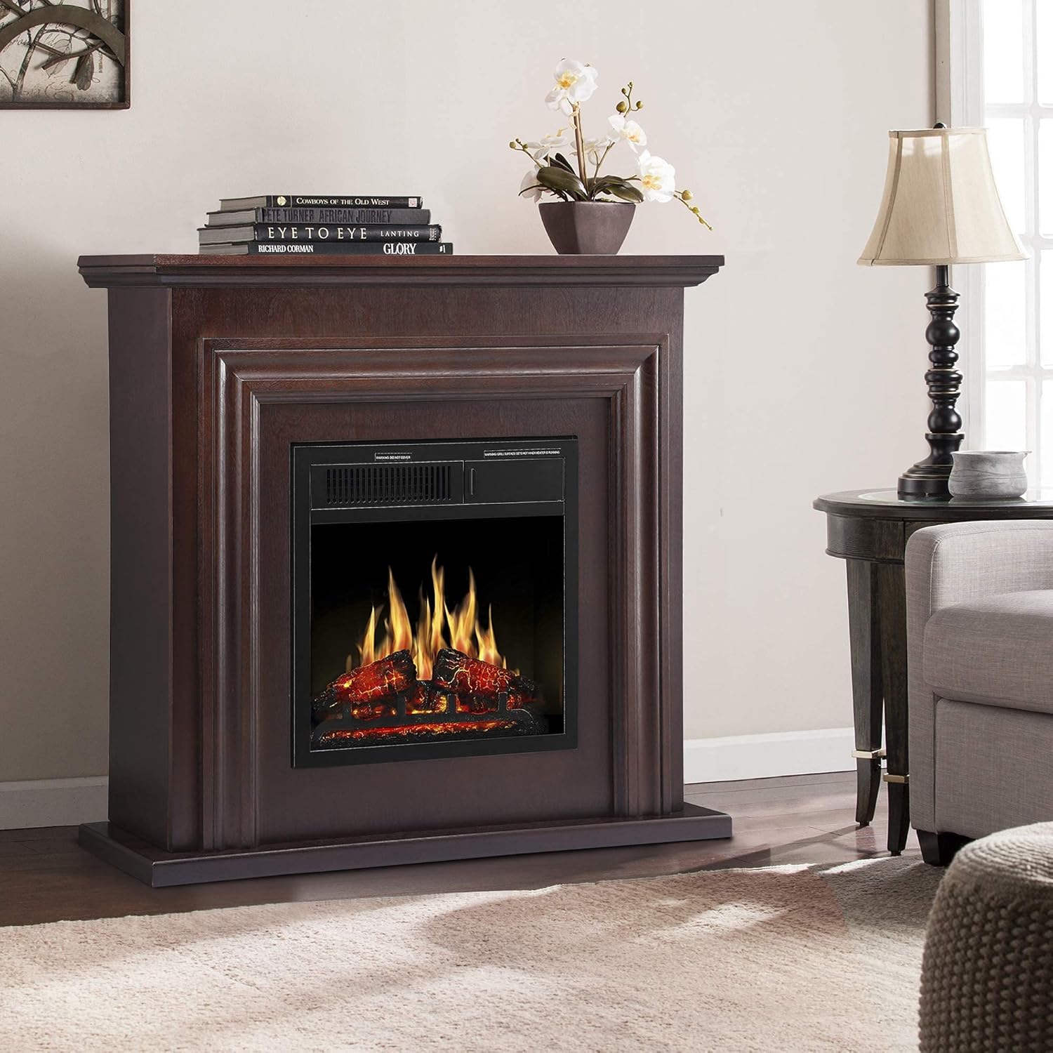 JAMFLY Chimenea eléctrica con mueble con repisa de madera, 36 pulgadas, para esquina, independiente, con hogar con efecto de troncos ardiendo, con