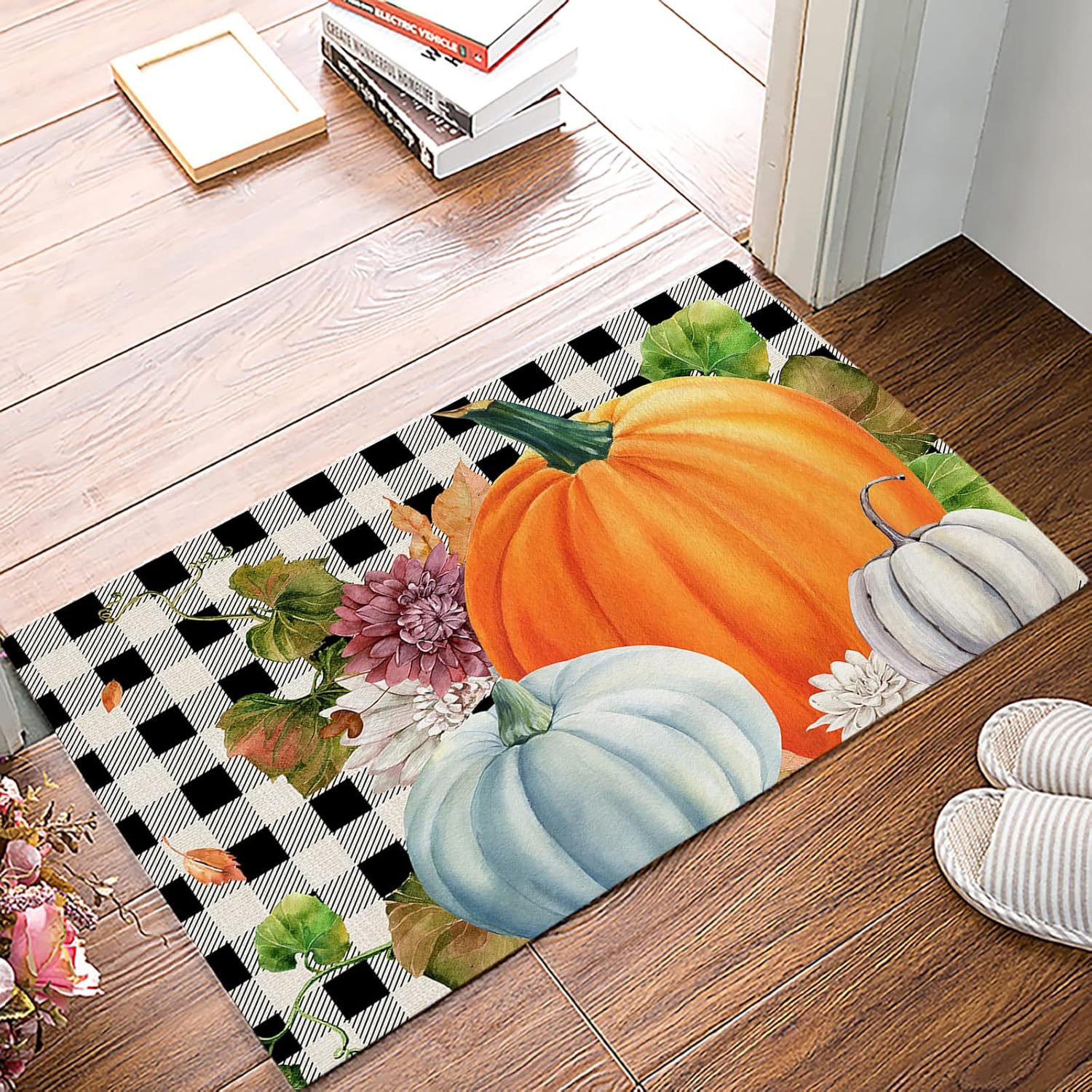 Tapete de interior con diseño de calabazas, tapete de entrada antideslizante, lavable a máquina, para baño, cocina, hojas de arce otoñales y cuadros