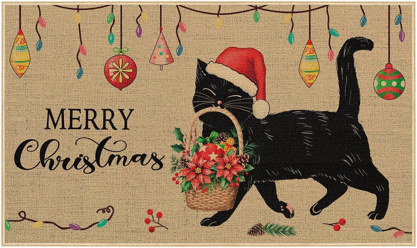 Louise Maelys Tapete de puerta de gato negro de Navidad, antideslizante, con patrón floral para patio, cocina, interior y exterior, entrada, 17 x 29