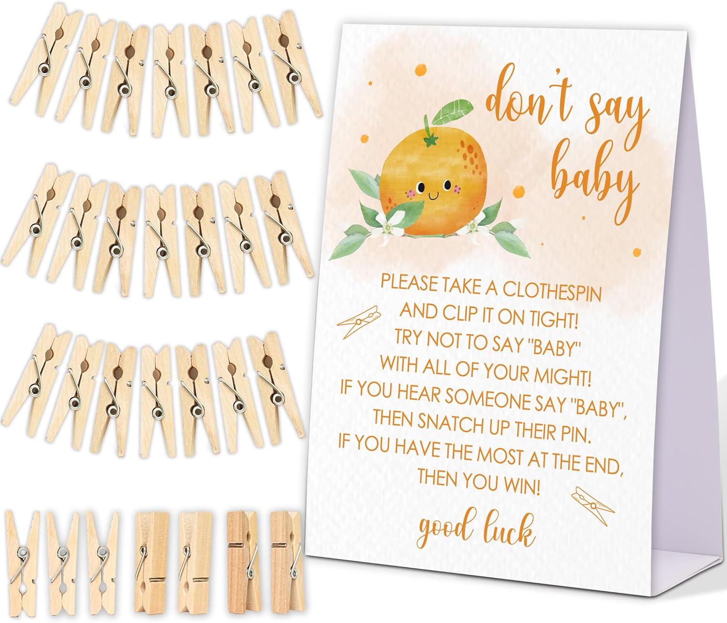 Juego de pinzas para ropa de bebé, juego Little Cutie Baby Shower, un letrero de 5 x 7 y 50 mini pinzas naturales para la ropa, género neutro,