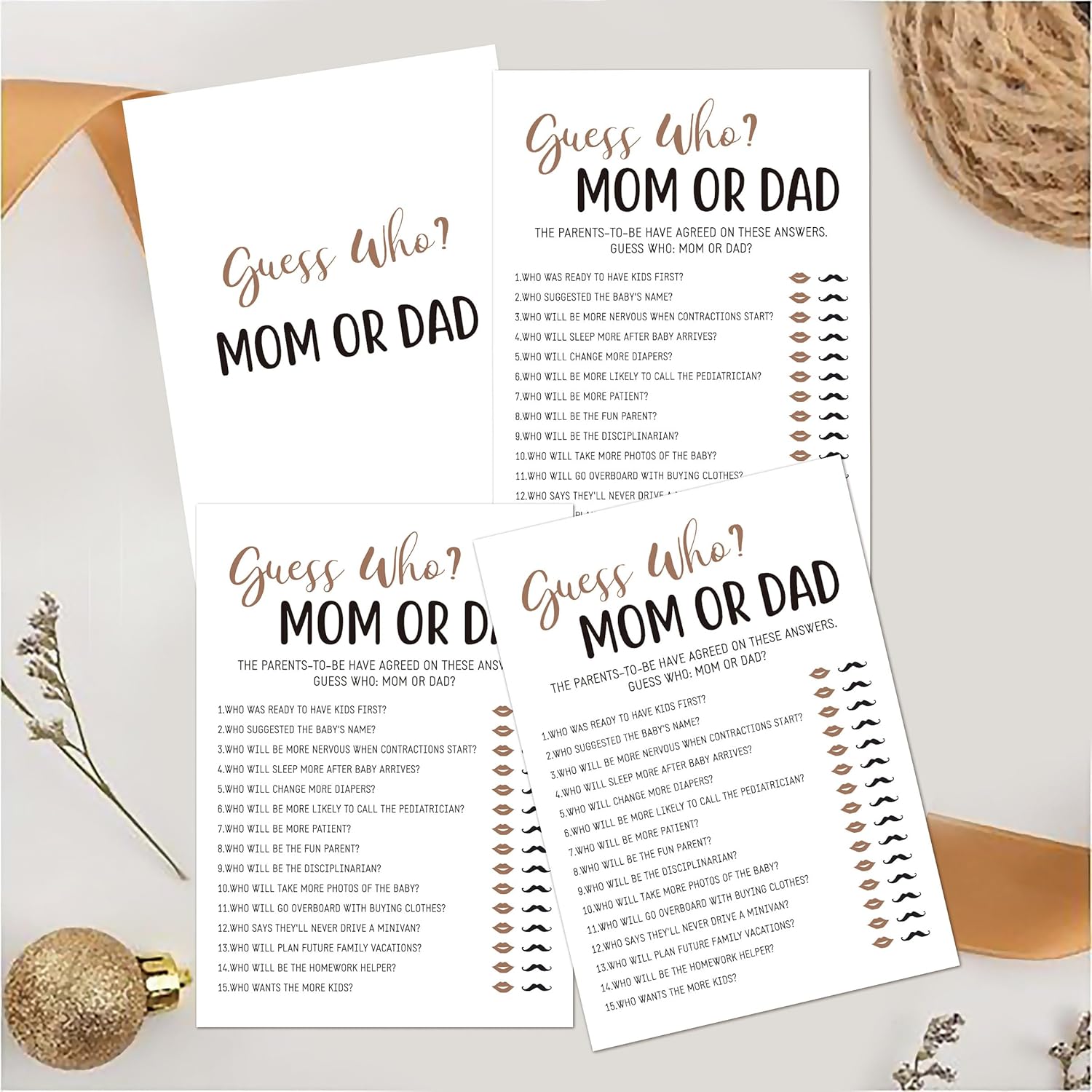 BEUFSE Adivina quién mamá o papá juego de adivinanzas, juego de 25 tarjetas, juego de baby shower para niña o niño, fiesta de revelación de género,