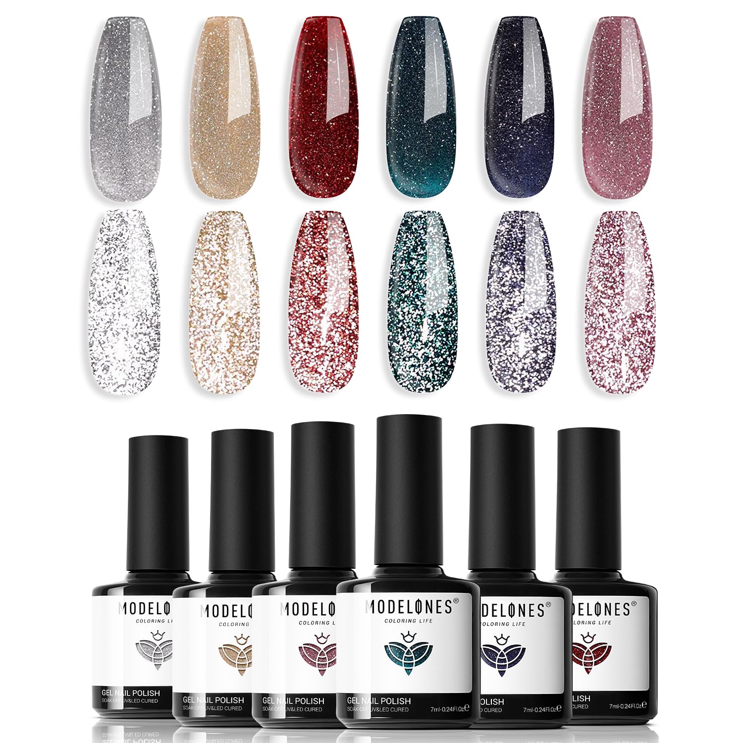 modelones Juego de 6 esmaltes de uñas de gel con purpurina reflectante, color rosa, rojo, negro, plateado, brillante, kit de colección de esmaltes