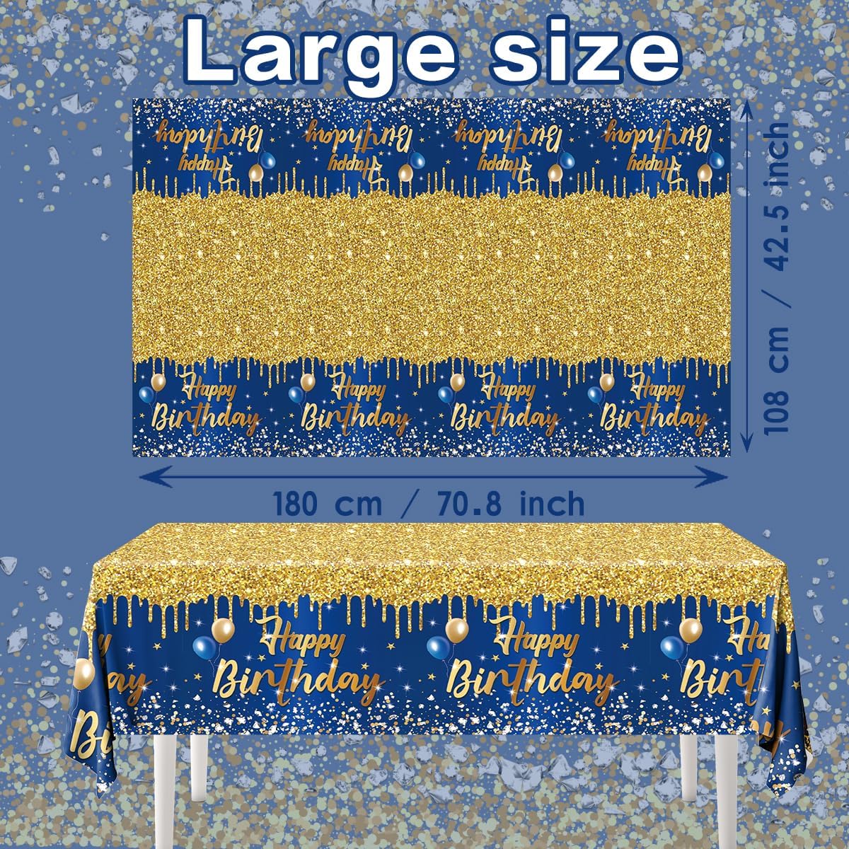 Mantel de feliz cumpleaños, 3 manteles azul marino y dorado para fiestas, decoración de cumpleaños con purpurina para mujeres y hombres, suministros