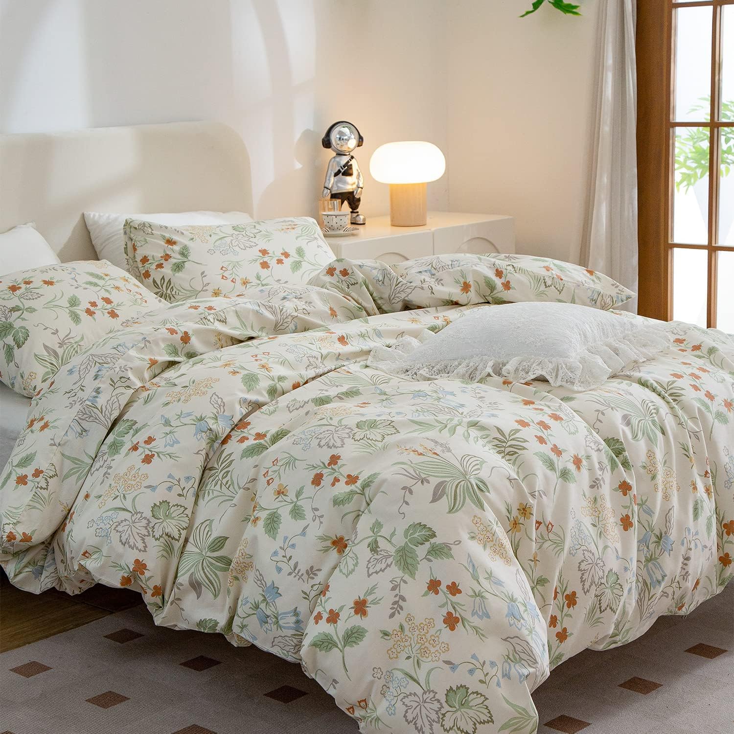 Fundas de edredón florales tamaño Queen, 100% algodón, elegantes juegos de ropa de cama floral tamaño Queen, 3 piezas, hojas de flores verdes y