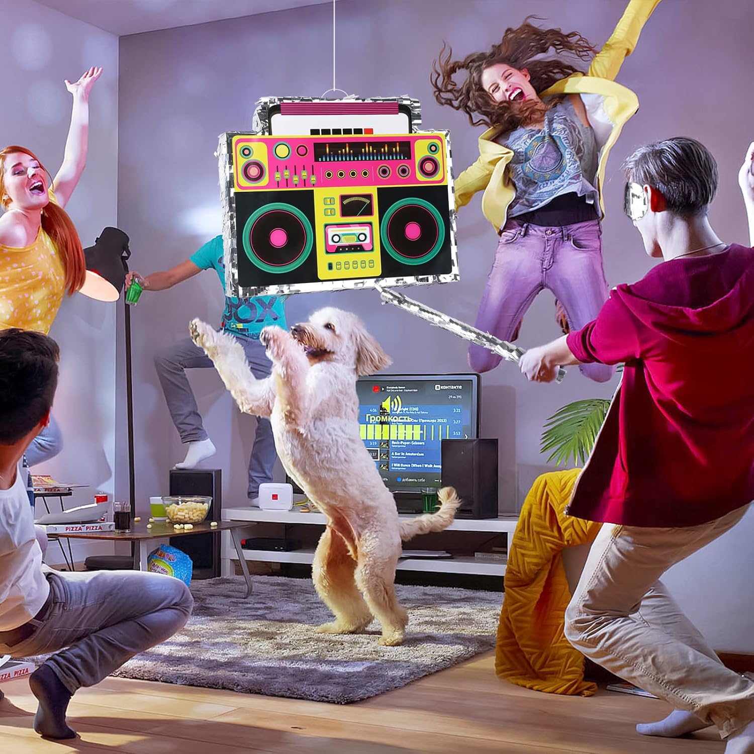 Waenerec Piñata Boombox con palillo de piñata y lazo para colgar, estilo retro de los años 90, hip hop, juego de piñata mexicana para fiesta de