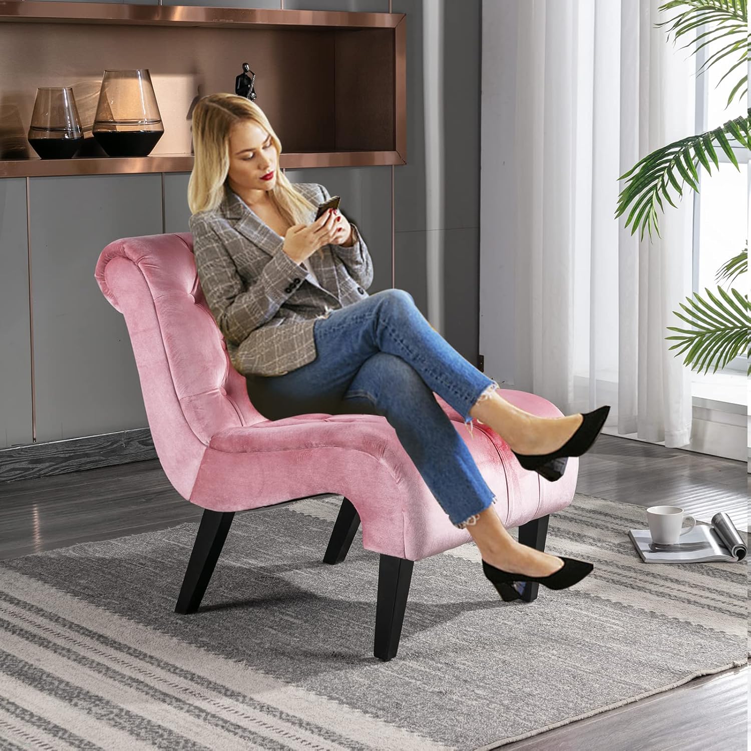 KINFFICT Sillón decorativo de terciopelo para sala de estar, silla de ocio moderna con respaldo copetudo, silla auxiliar sin brazos para interiores,