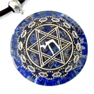 Orgone energy pendant necklace with Star of David Chai and Authentic Lapis Lazuli stones. 1.6 inch diameter. Made in USA Orgone energy pendant necklace with Star of David Chai and Authentic Lapis Lazuli stones. 1.6 inch diameter. Made in USA