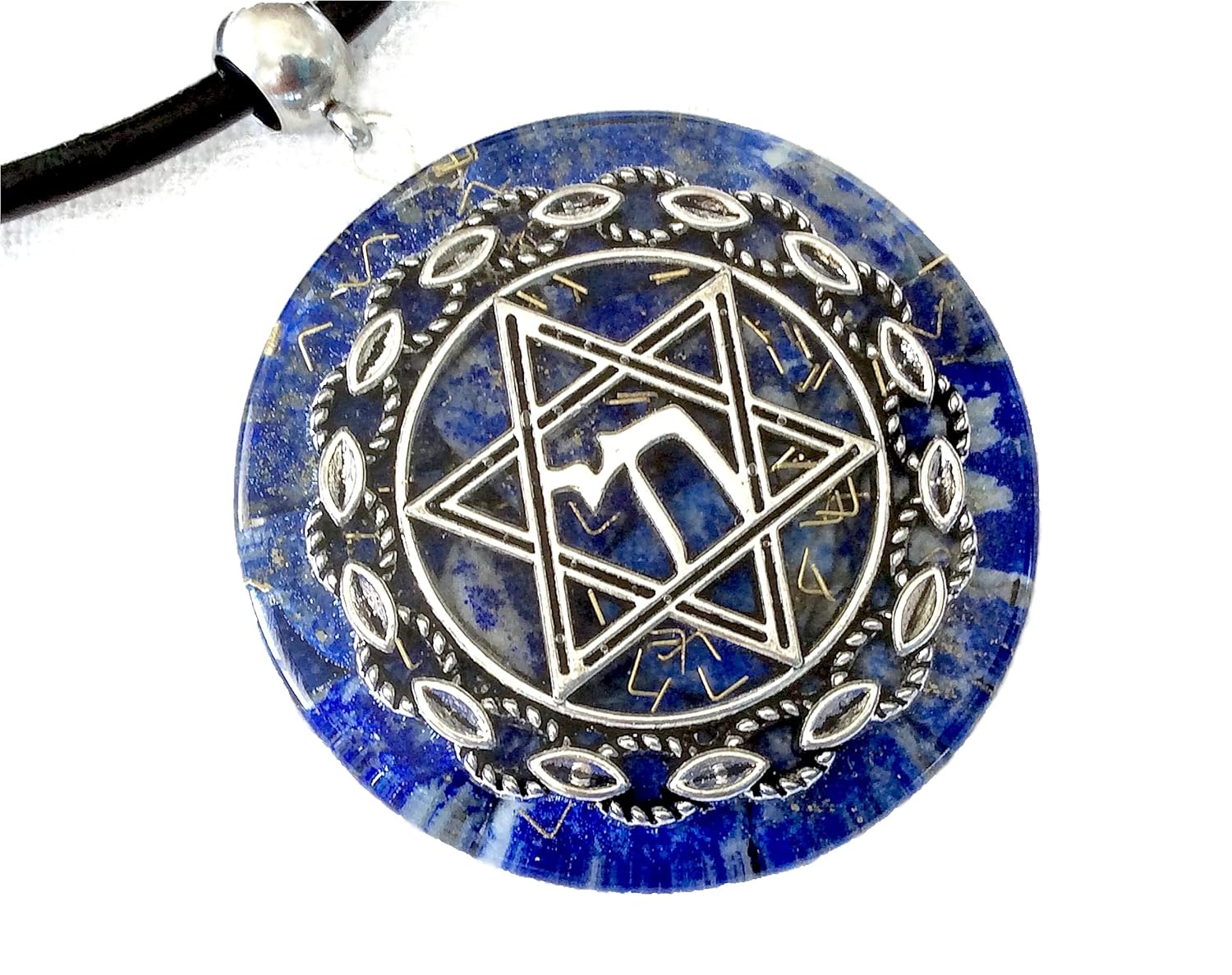 Orgone energy pendant necklace with Star of David Chai and Authentic Lapis Lazuli stones. 1.6 inch diameter. Made in USA