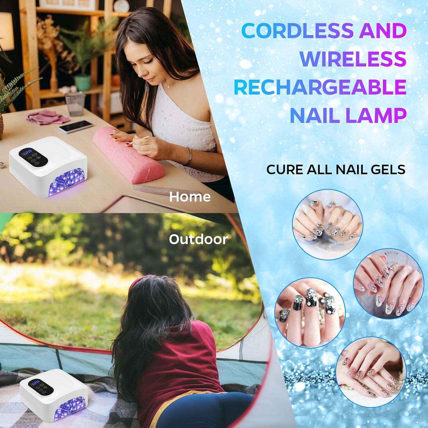 Lámpara de uñas LED UV inalámbrica, lámpara de uñas recargable de 72 W, secado rápido, secado rápido, luz de esmalte de gel profesional con 4