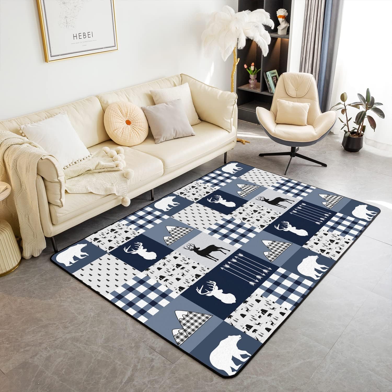 Alfombra decorativa de ciervo, alfombra bohemia de oso con alce de 5 x 7 pies, para niños, niñas, mujeres y hombres, alfombra a cuadros para sala de