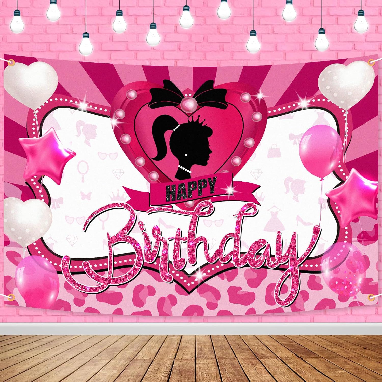 Cartel de fondo de cumpleaños de niña rosa con texto en inglés Happy Birthday con temática de princesa, suministros de decoración de fotografía para