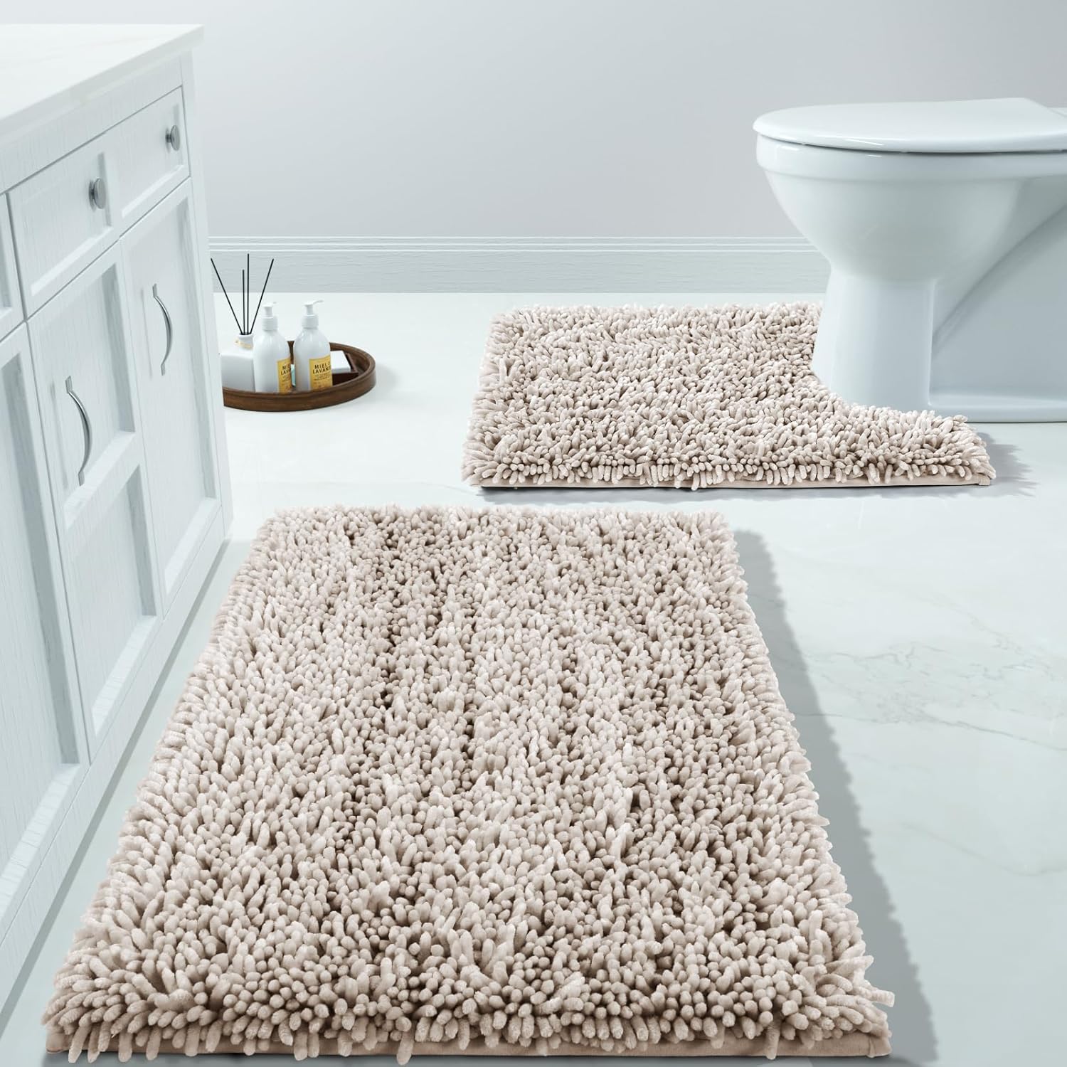 Yimobra Juego de 2 alfombras de baño, lujosas alfombras de baño extra gruesas, tapetes antideslizantes de felpa para el suelo del baño, tapete de