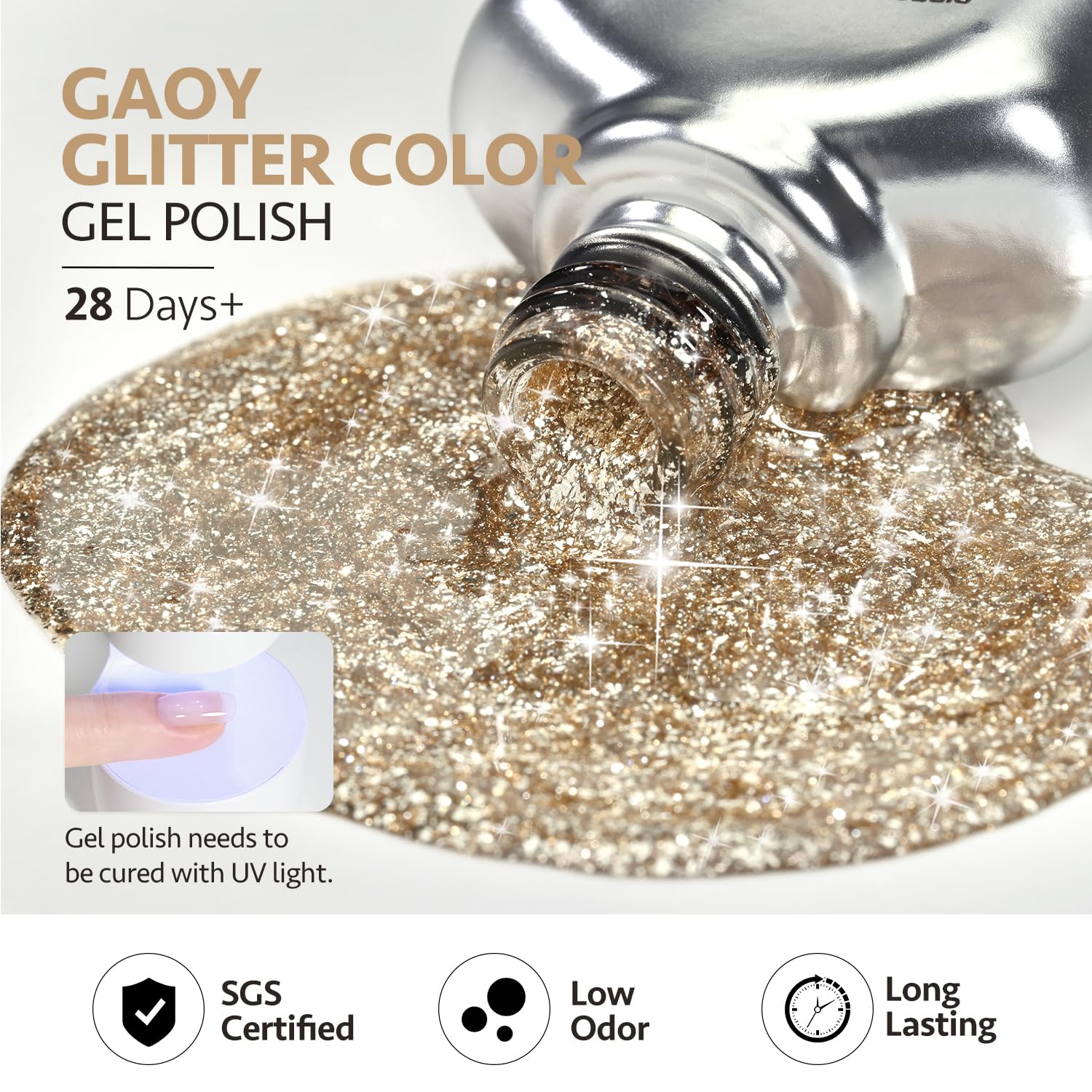 GAOY Esmalte de uñas de gel con purpurina, 0.6 onzas líquidas, esmalte de gel dorado brillante, gel UV con purpurina brillante para arte de uñas,