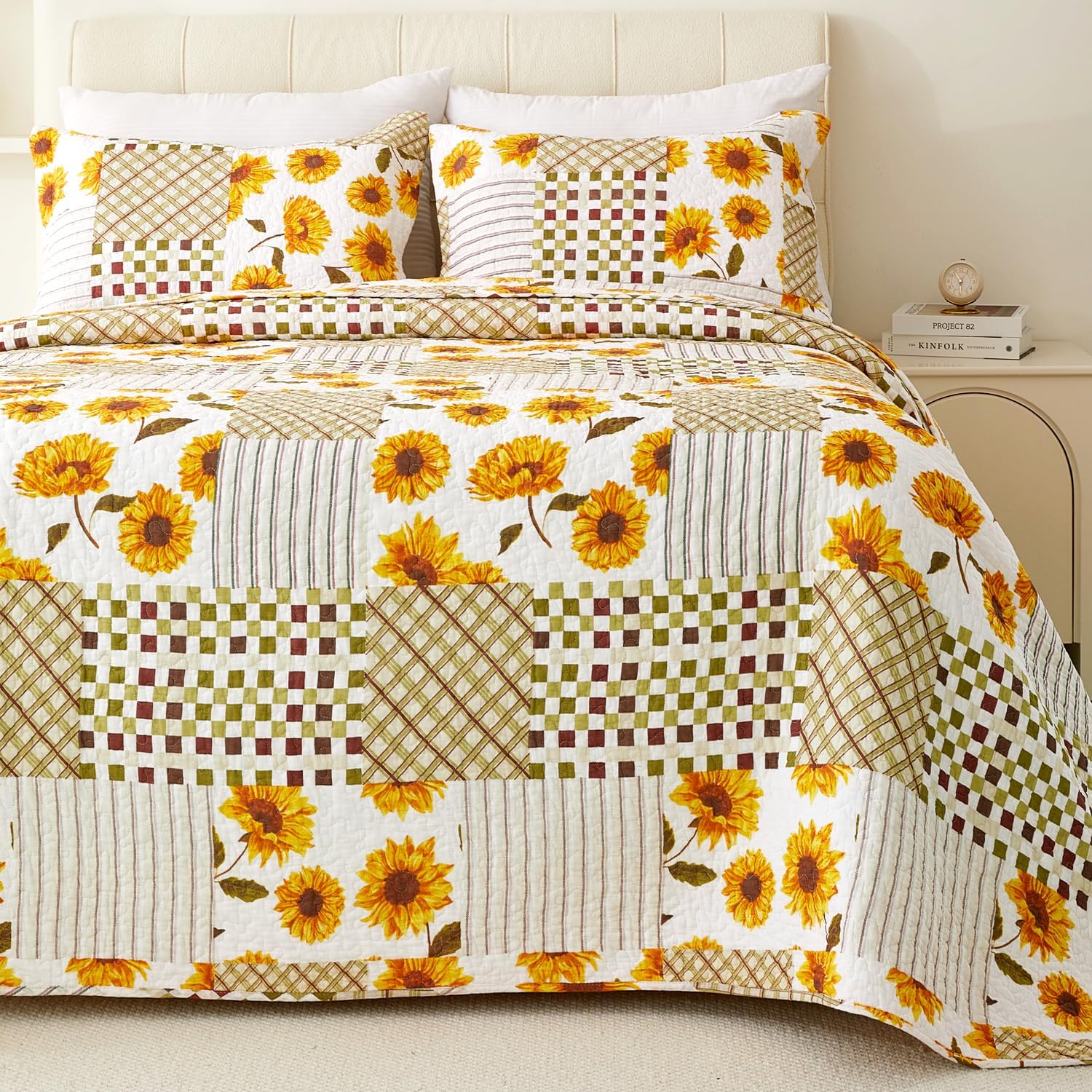 EVENHUG Juego de edredón de 100 % algodón, tamaño King, diseño de girasol naranja, ligero, floral, reversible, con 2 fundas de almohada, para todas
