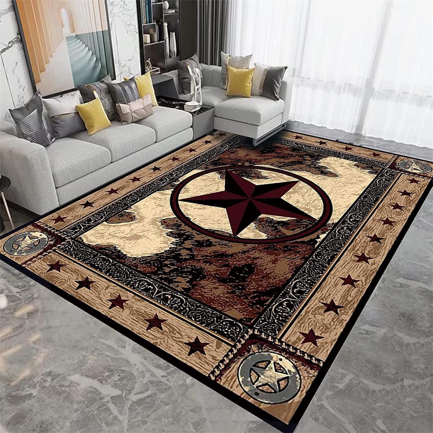 Alfombra vintage con estrellas negras y marrones de 6 x 8 pies, alfombra de área con estrella dorada, tridimensional, retro, para sala de estar,