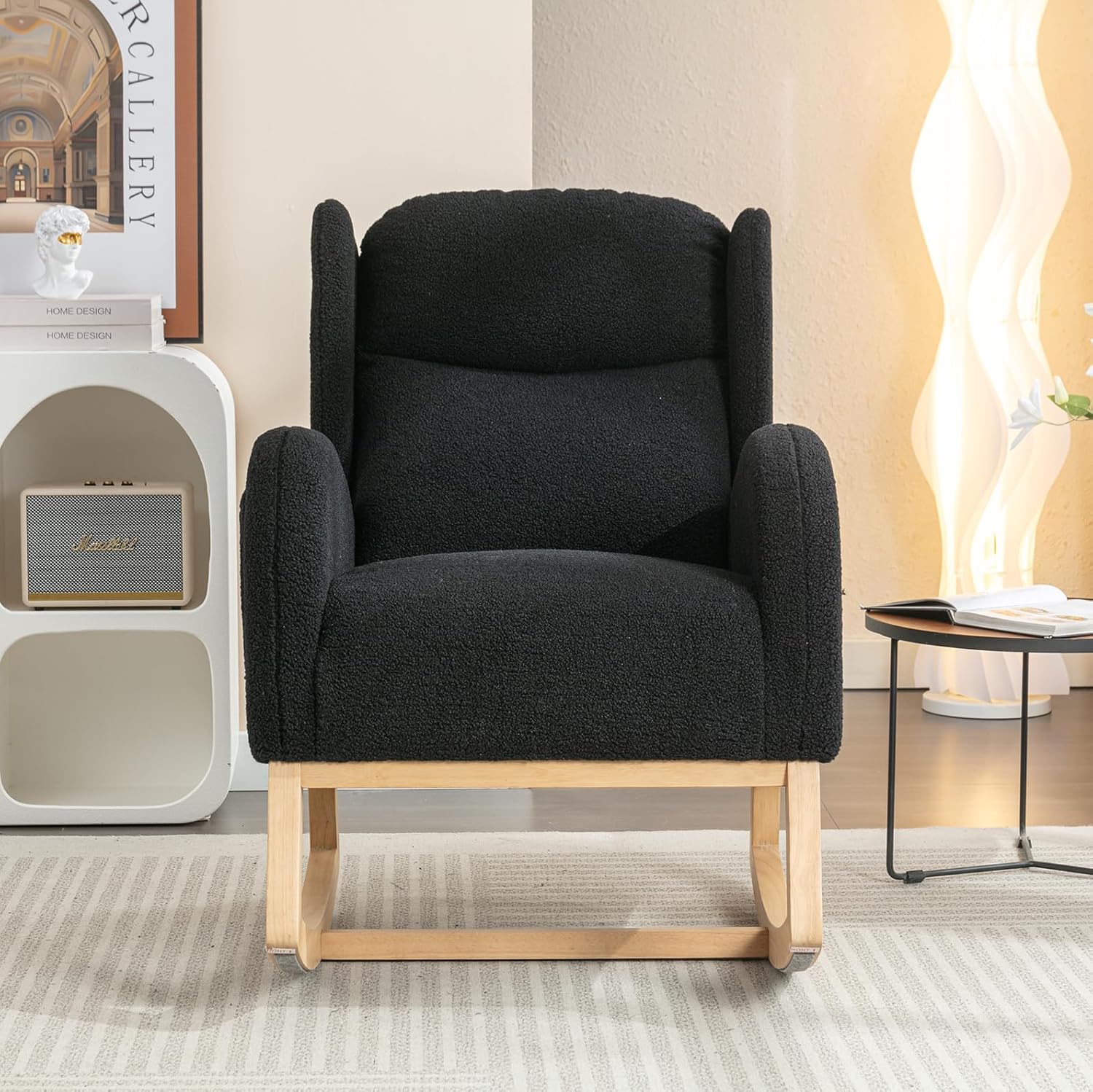 Mecedora de peluche para guardería, silla mecedora tapizada con bolsillo, silla moderna con respaldo de ala, cómoda silla de lectura con patas de