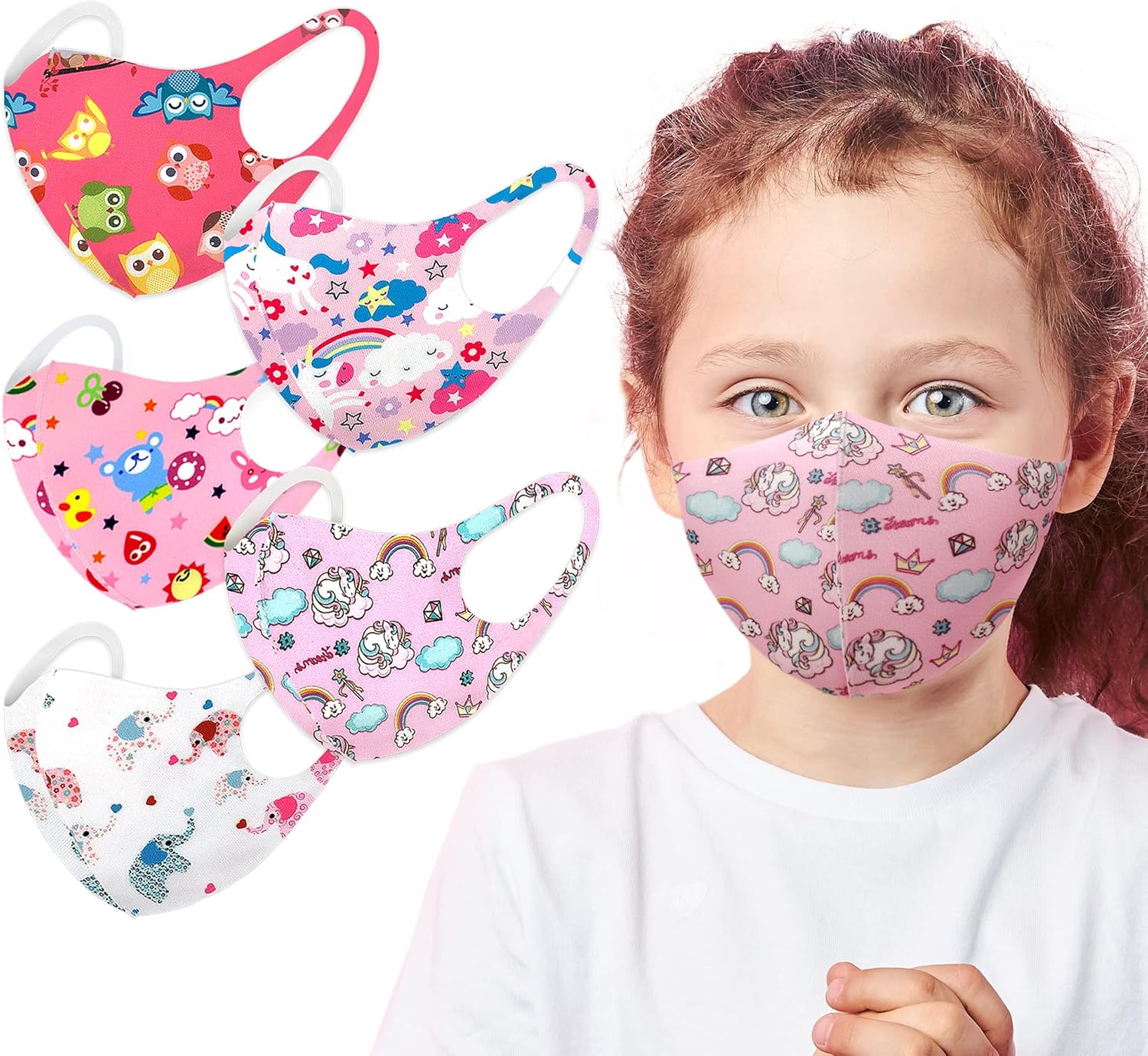 Paquete de 5 variedades máscara de cara unisex de lindo animal, transpirable, lavable, reutilizable, para niños y niñas, talla única , Paquete de 5