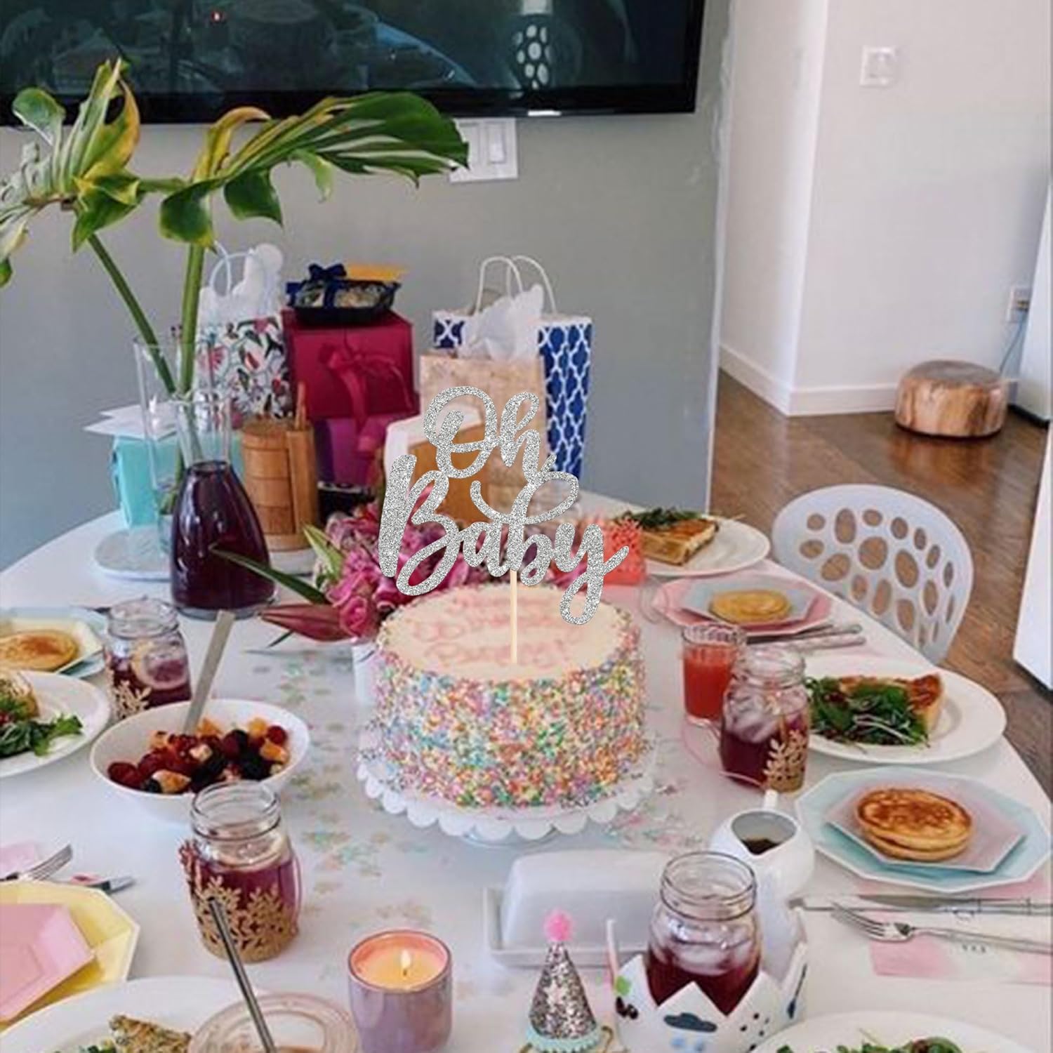 1 pieza de decoración de pastel Oh Baby Shower con purpurina para baby shower, bautismo, revelación de género de bebé, decoración de pastel para