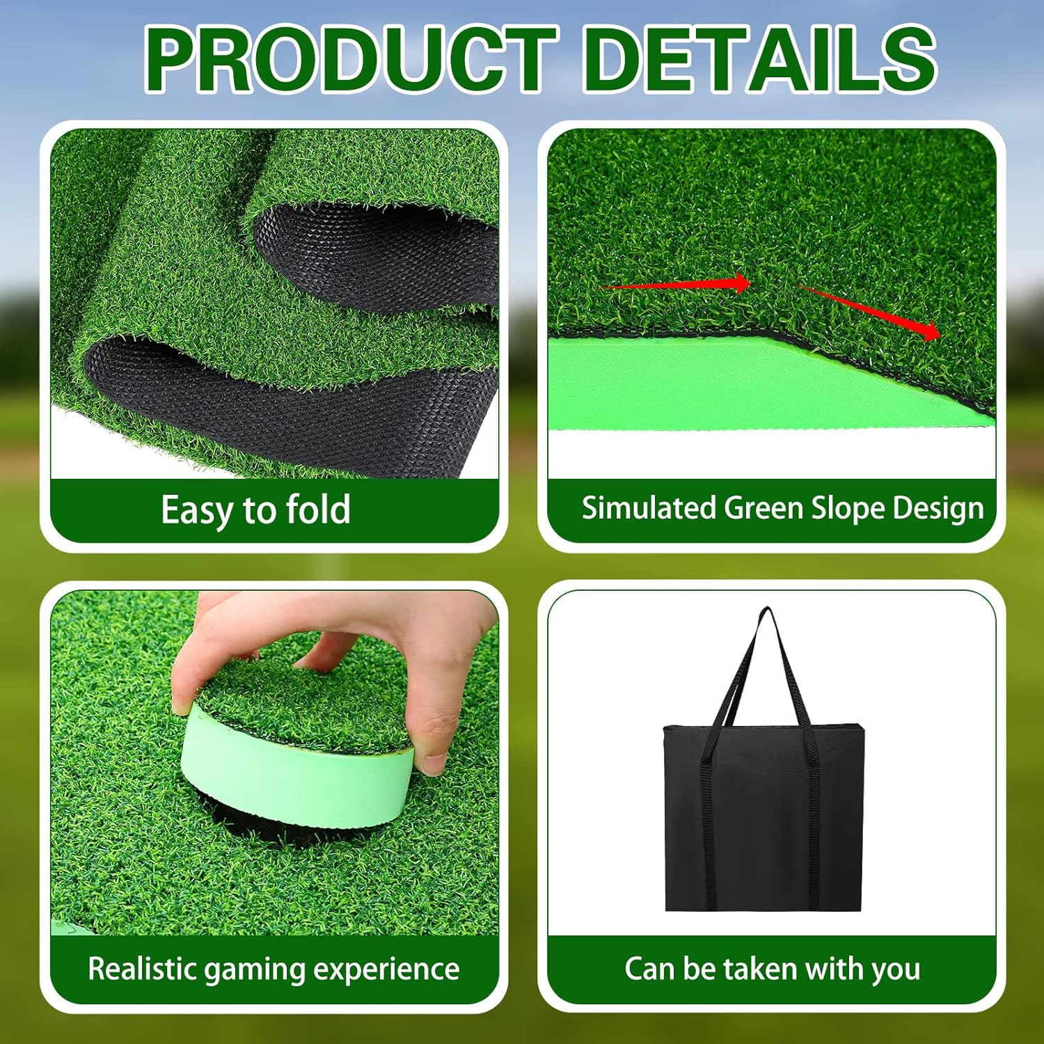 Juego de putting de golf de 11 pies, cubierta de 2 agujeros con bandera, 6 pelotas de golf, 10 cubiertas para agujeros de golf, 1 bolsa, 2 tapetes