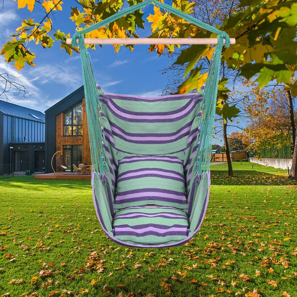 Hamaca colgante de cuerda para patio, dormitorio, patio, porche, cualquier espacio interior o exterior, rayas de lona, dos almohadas incluidas