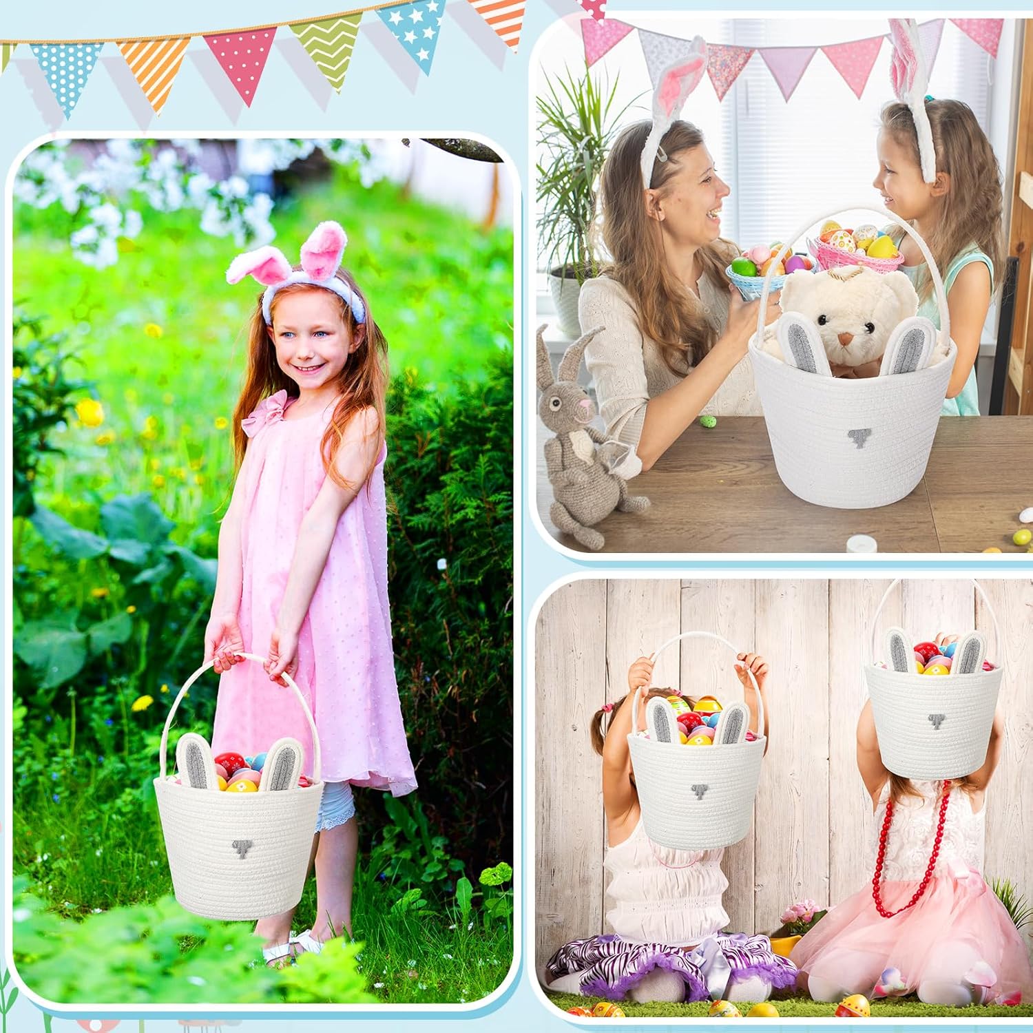 Beeveer Paquete de 3 cestas de Pascua para niños, cesta de huevos de Pascua, cesta de conejo con orejas de conejo, cestas de juguetes, cesta de