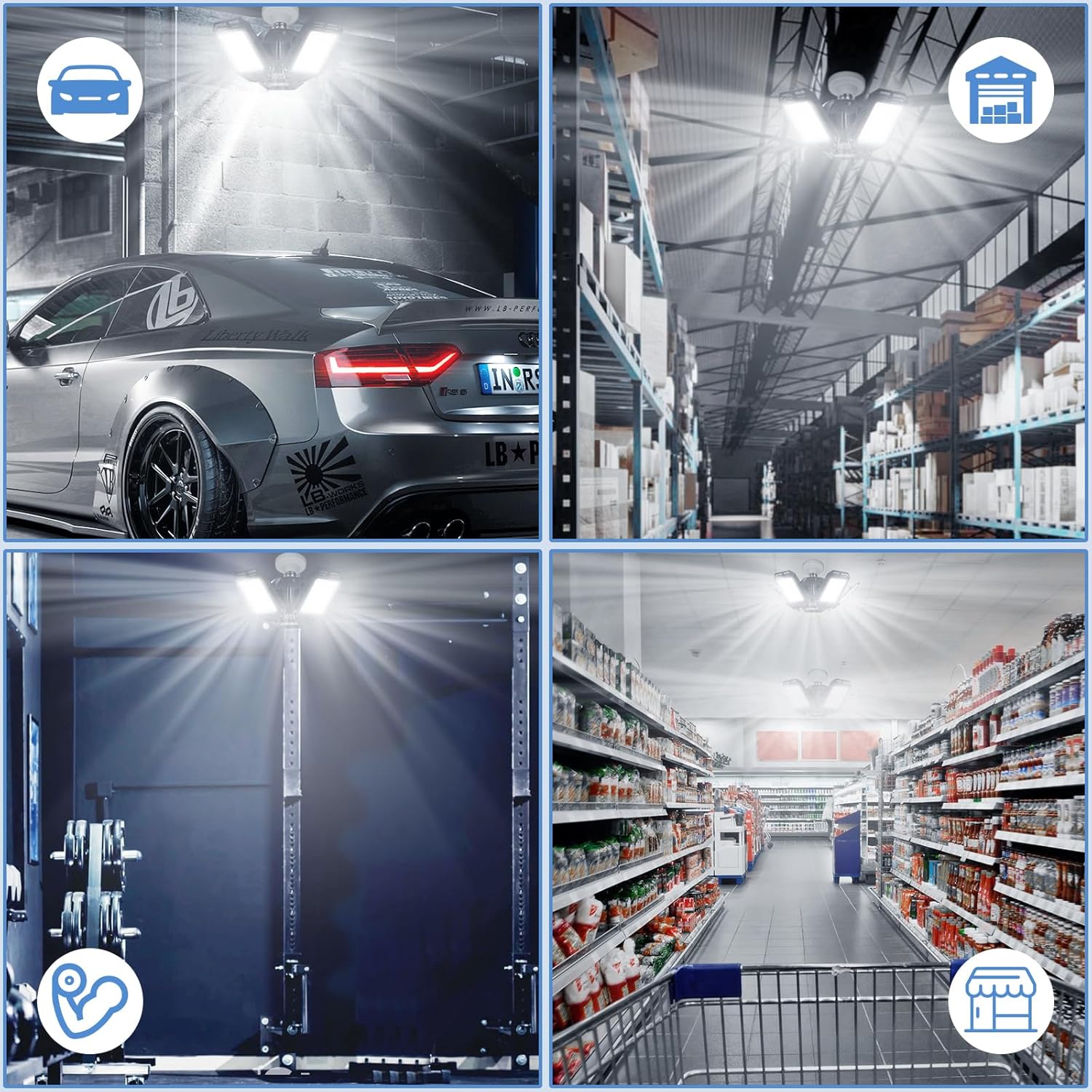 Aoretic Paquete de 4 bombillas LED para garaje, 80 W, 8000 lm 6500 K, luz LED de tienda con 3 paneles deformables, luz de granero de sótano, luces