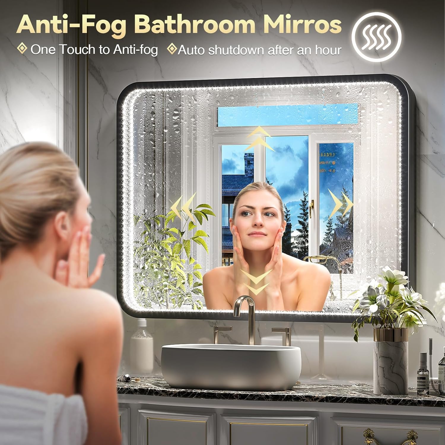 Brightify Espejo de baño LED de cristal con luces, 28 x 36 pulgadas, espejo de tocador rectangular con marco de metal de doble capa, antiniebla, 3